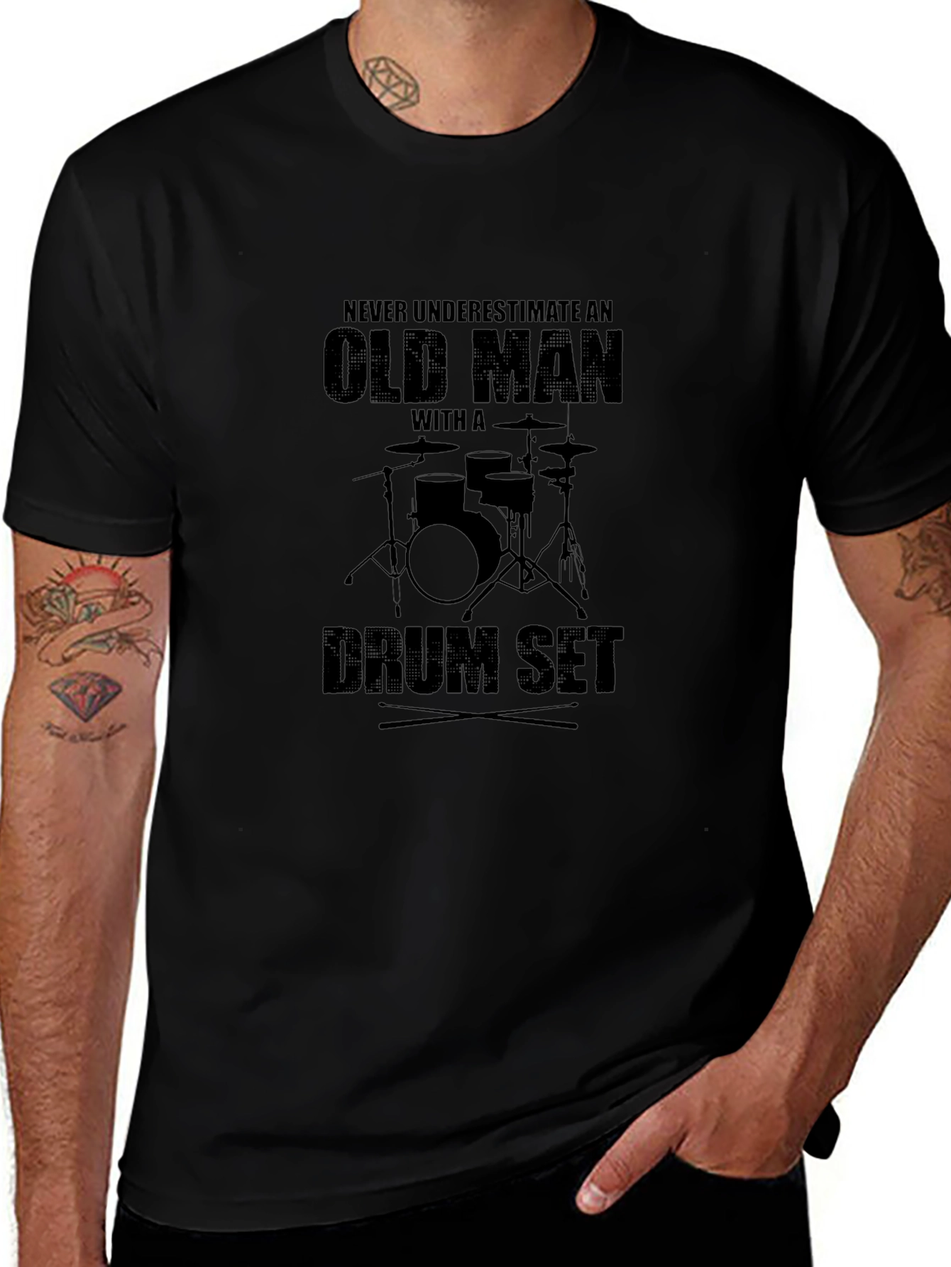 Old Man Drum Set Black T-Shirt