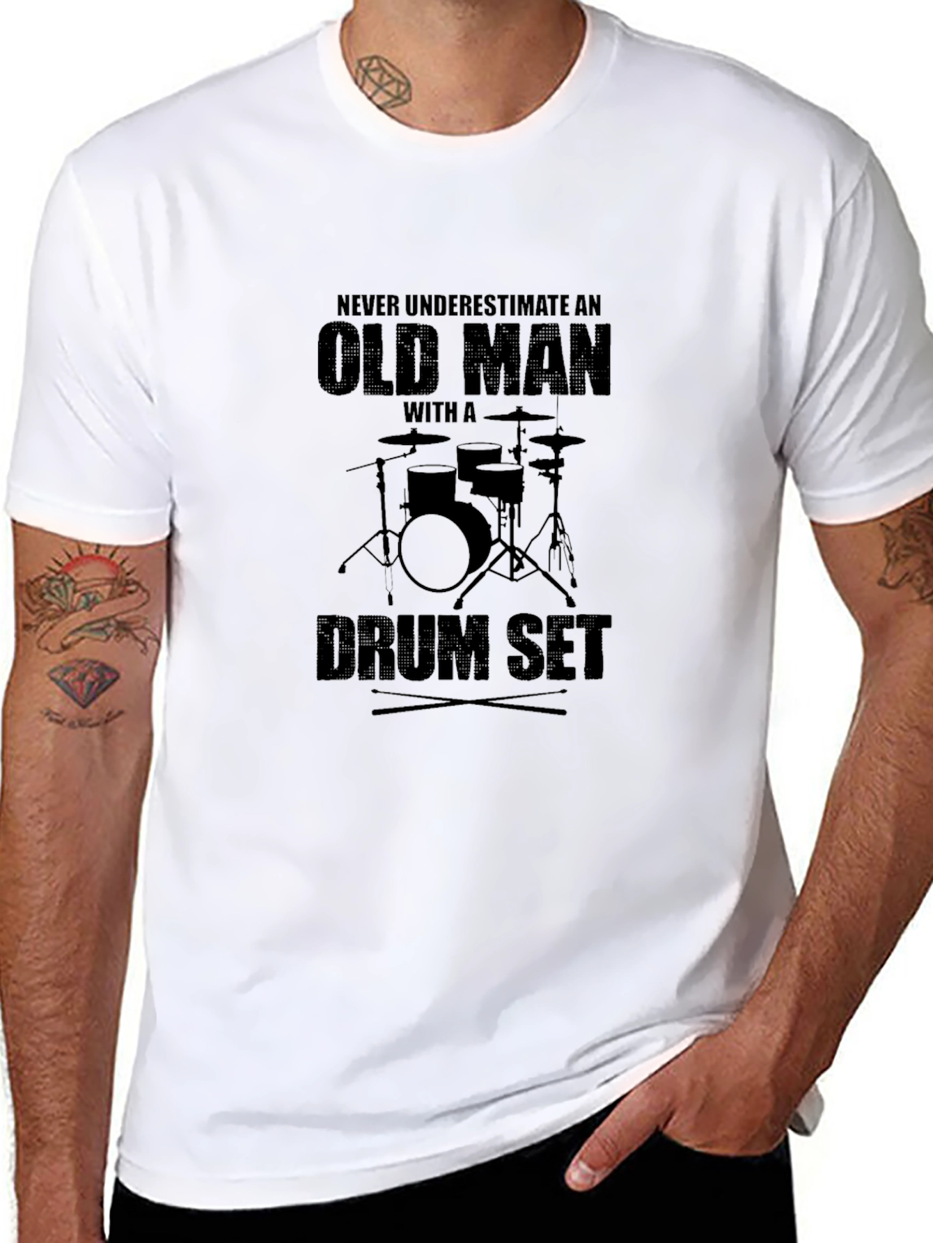 Old Man Drum Set Black T-Shirt