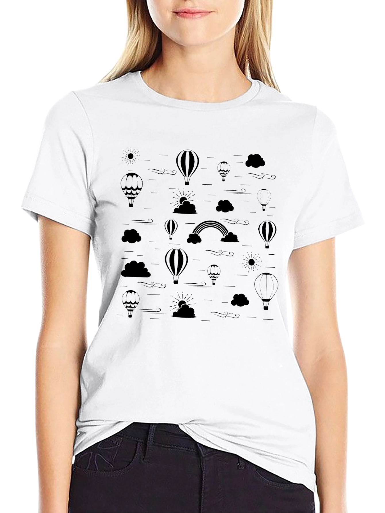 Mens Black Hot Air Balloon & Rainbow Print T-Shirt