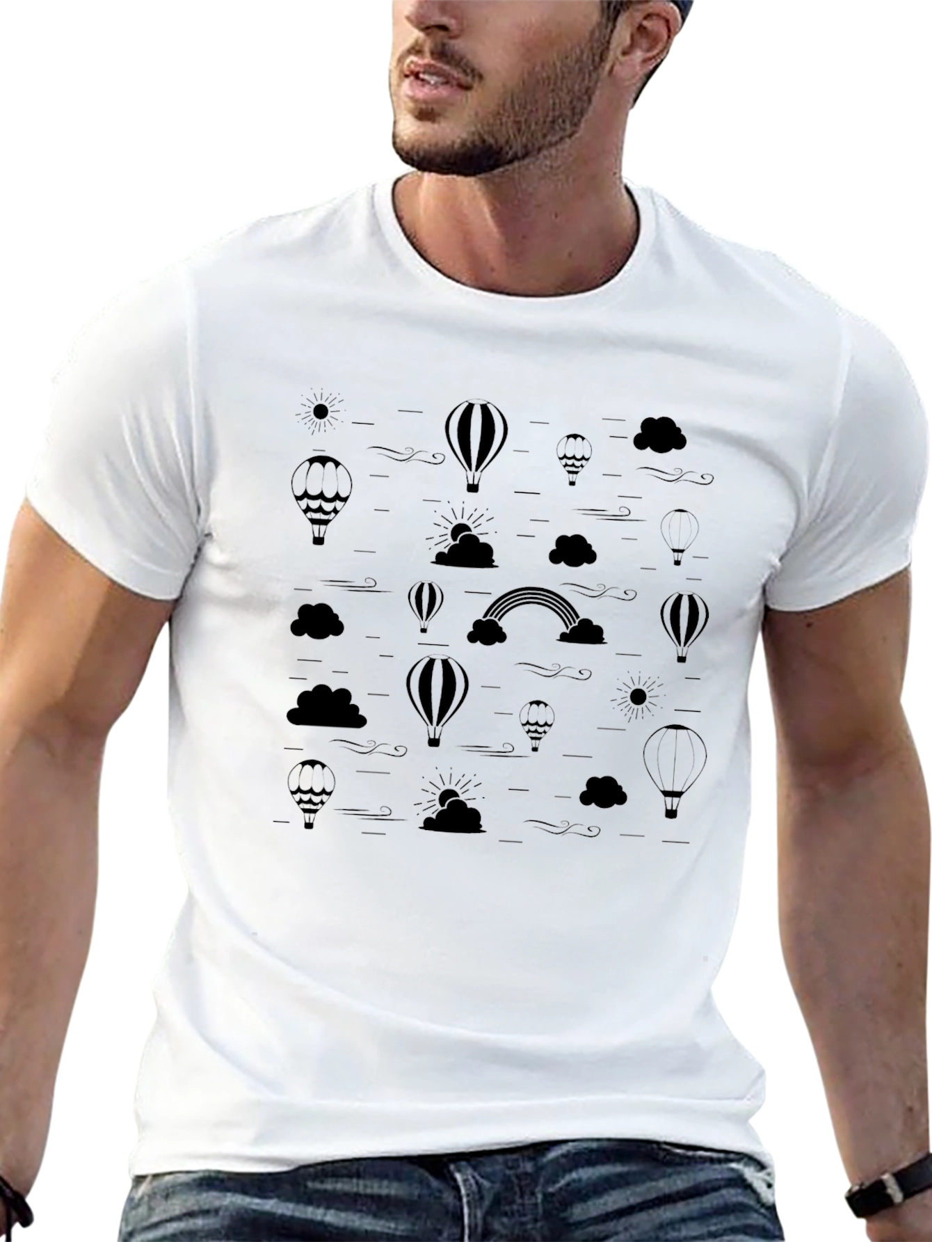 Mens Black Hot Air Balloon & Rainbow Print T-Shirt