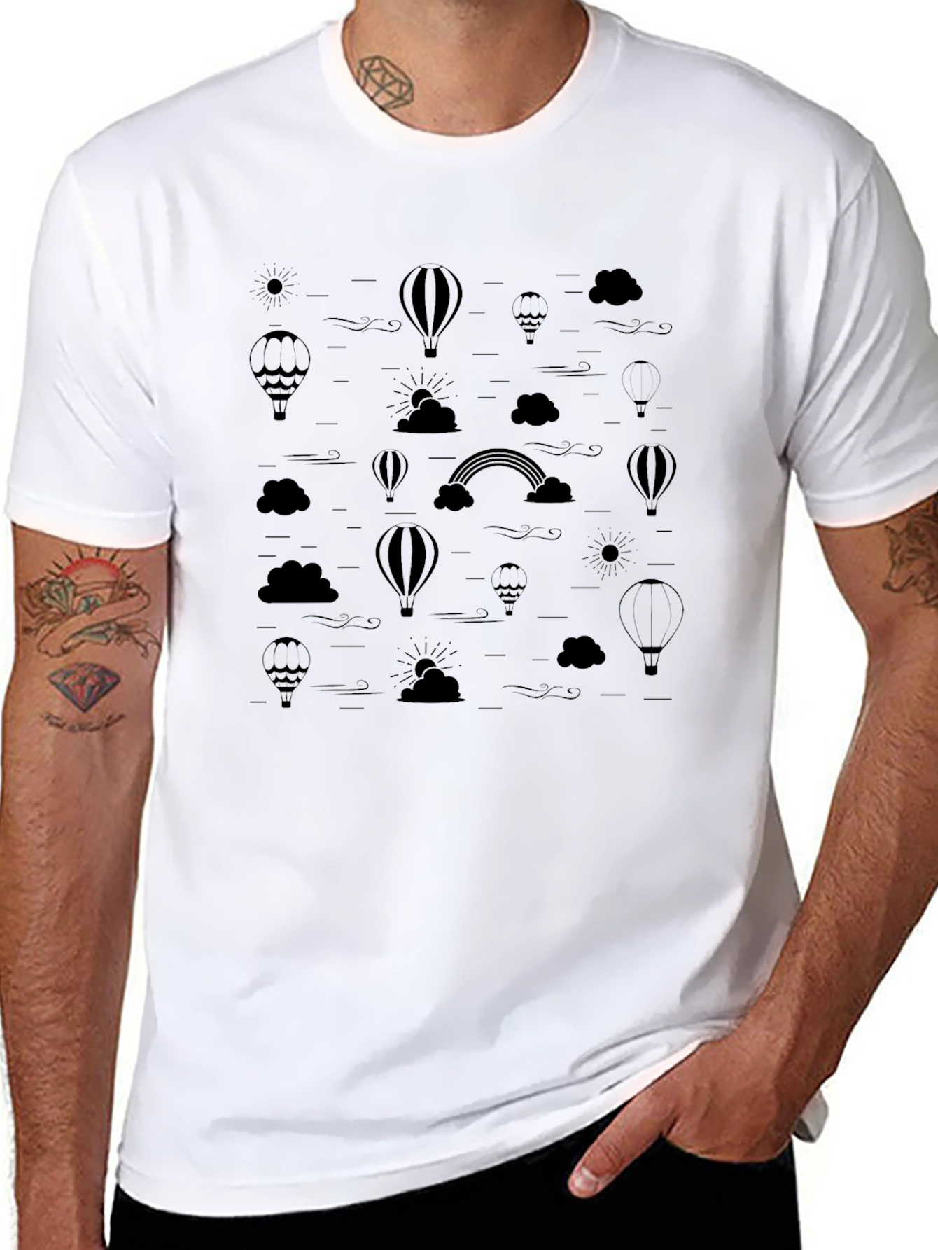 Mens Black Hot Air Balloon & Rainbow Print T-Shirt