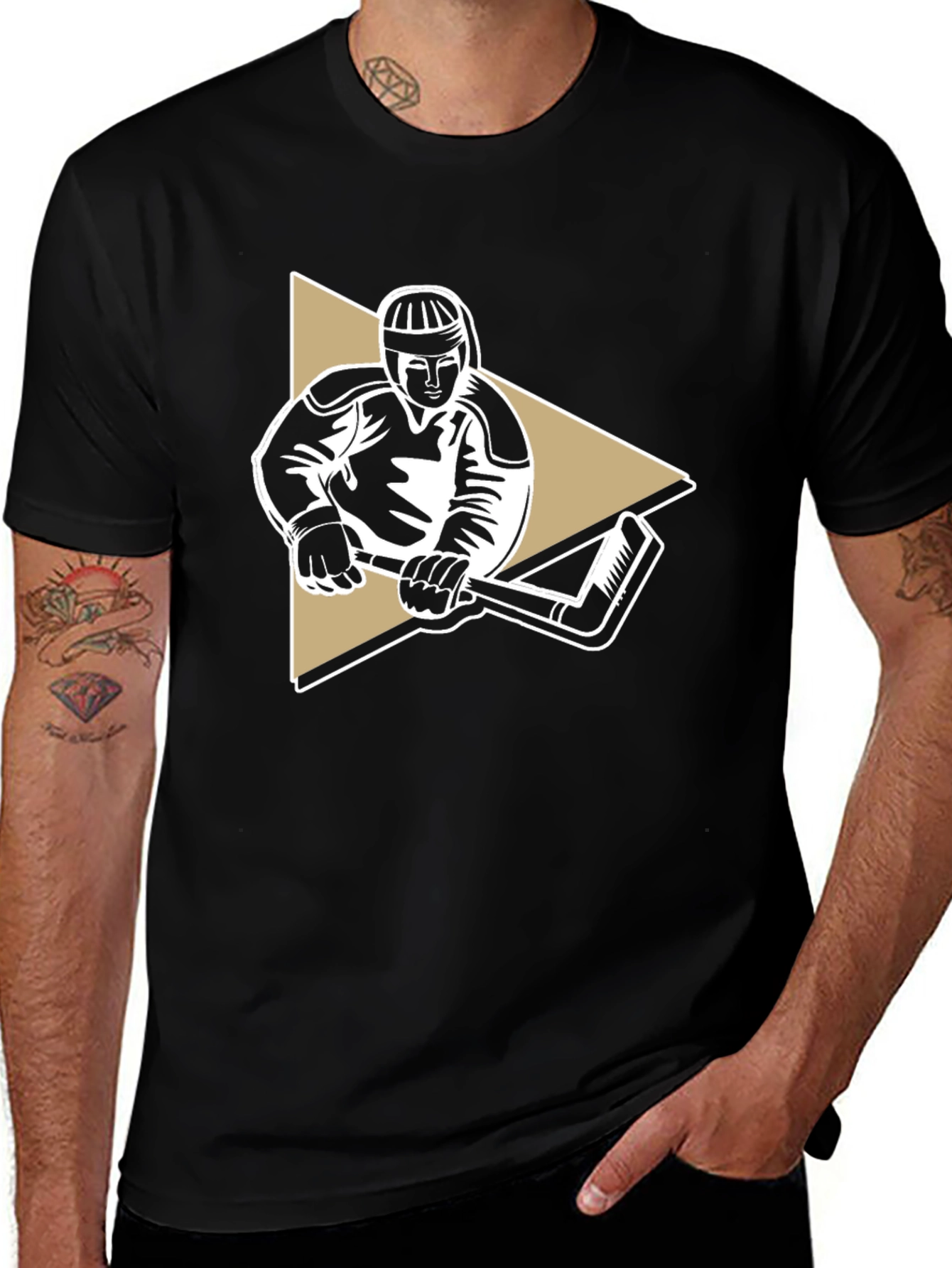 Hockey Player Graphic Tee - Black Cotton T-Shirt