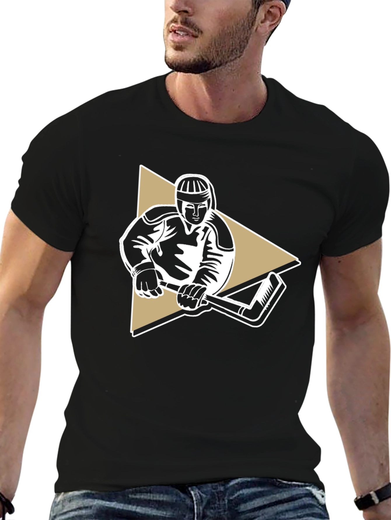 Hockey Player Graphic Tee - Black Cotton T-Shirt