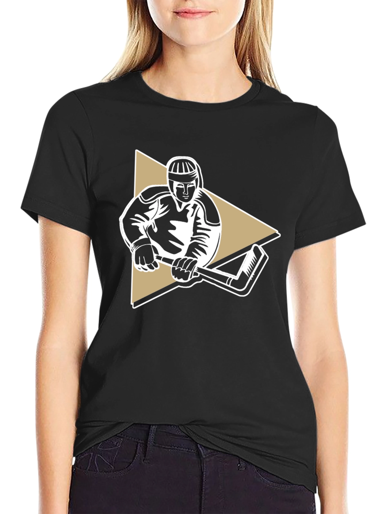 Hockey Player Graphic Tee - Black Cotton T-Shirt