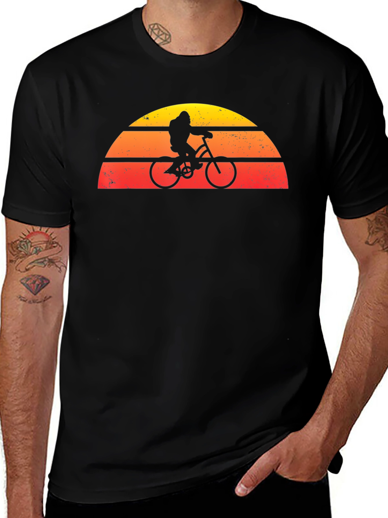 Retro Sunset Bigfoot on Bike Graphic Tee - Black