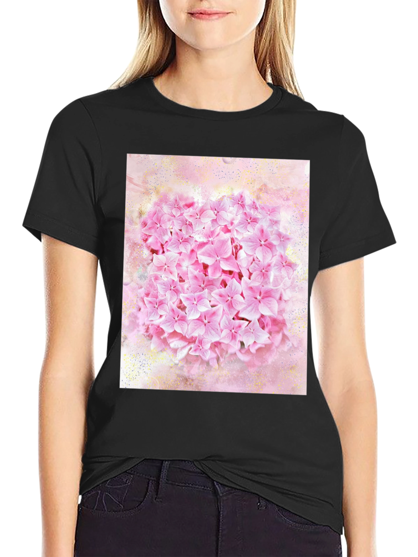 Pink Floral Print Black T-Shirt