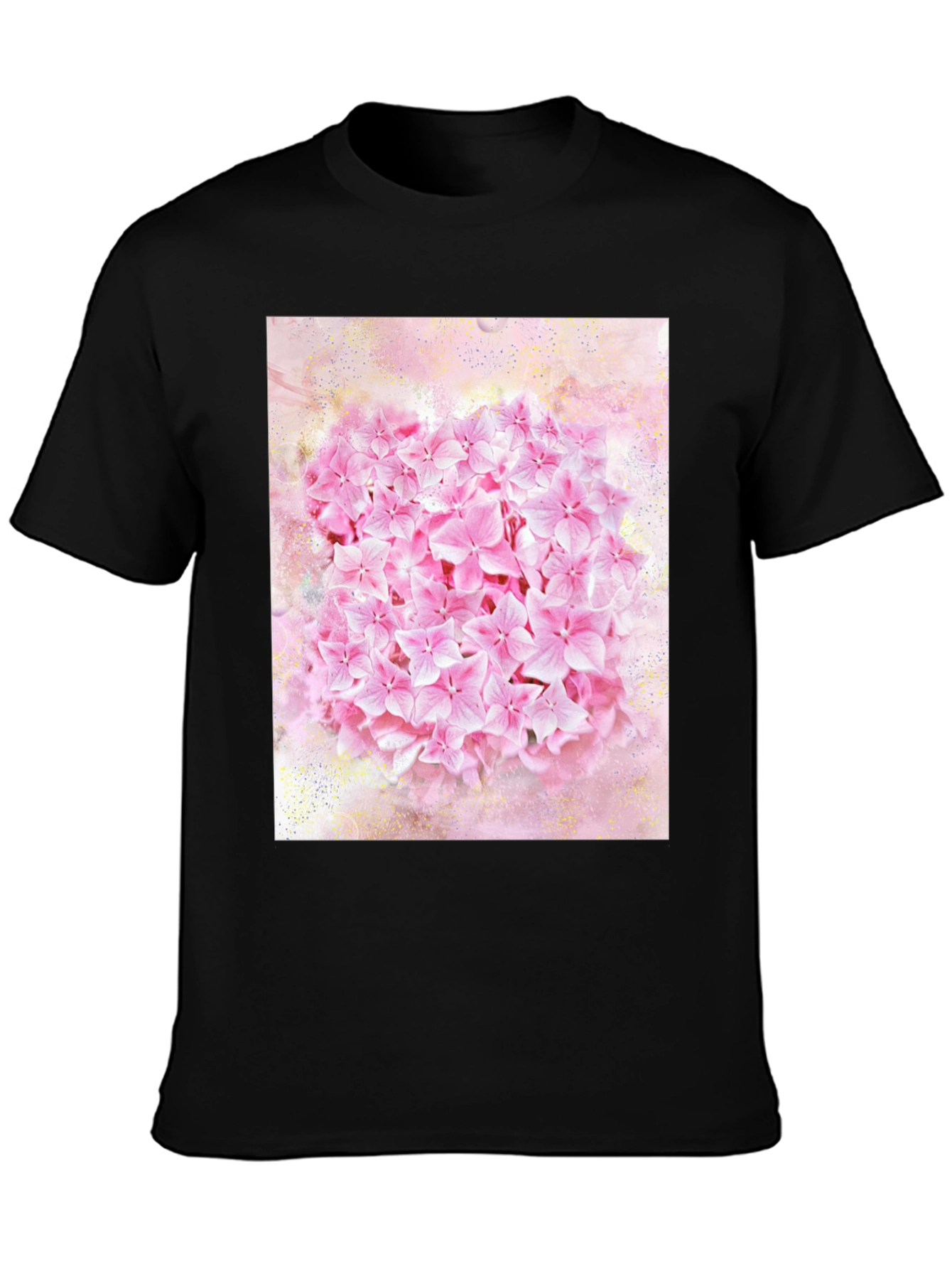 Pink Floral Print Black T-Shirt