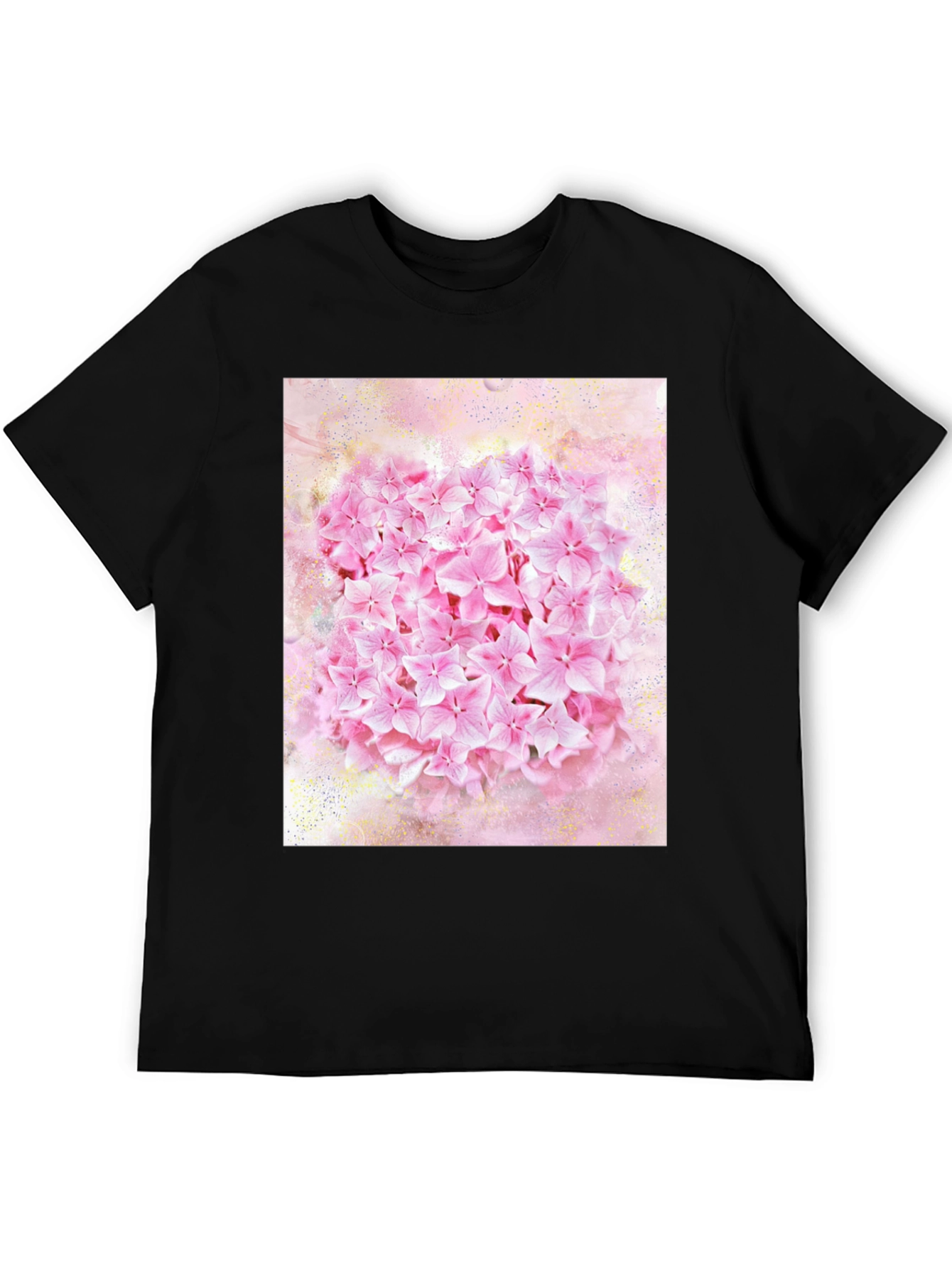 Pink Floral Print Black T-Shirt
