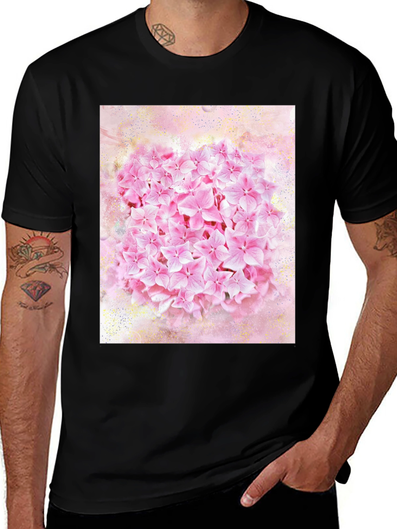 Pink Floral Print Black T-Shirt