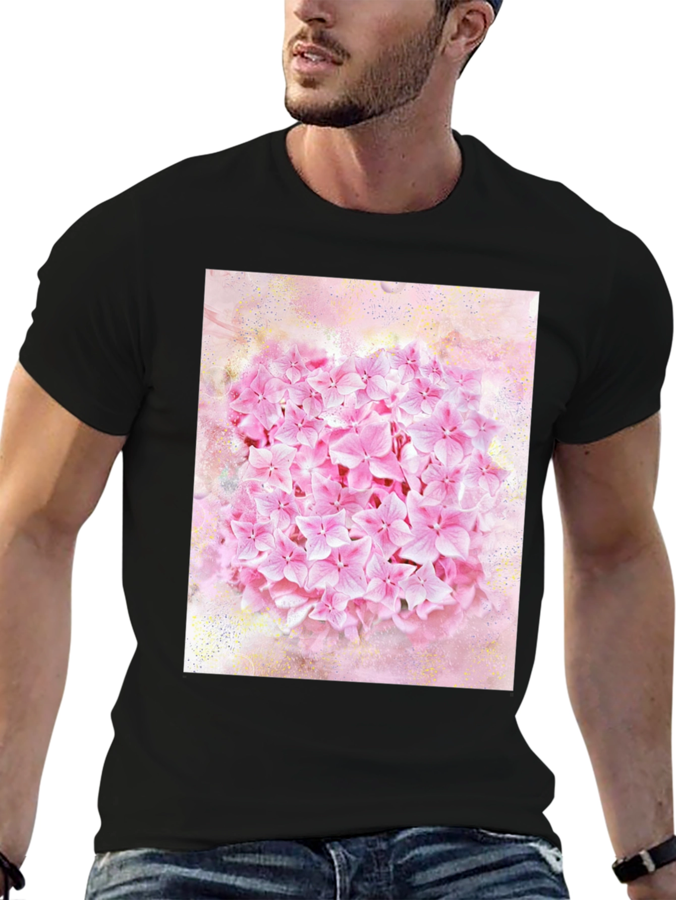 Pink Floral Print Black T-Shirt
