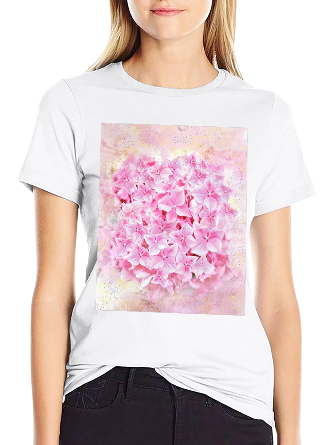 Pink Floral Print Black T-Shirt
