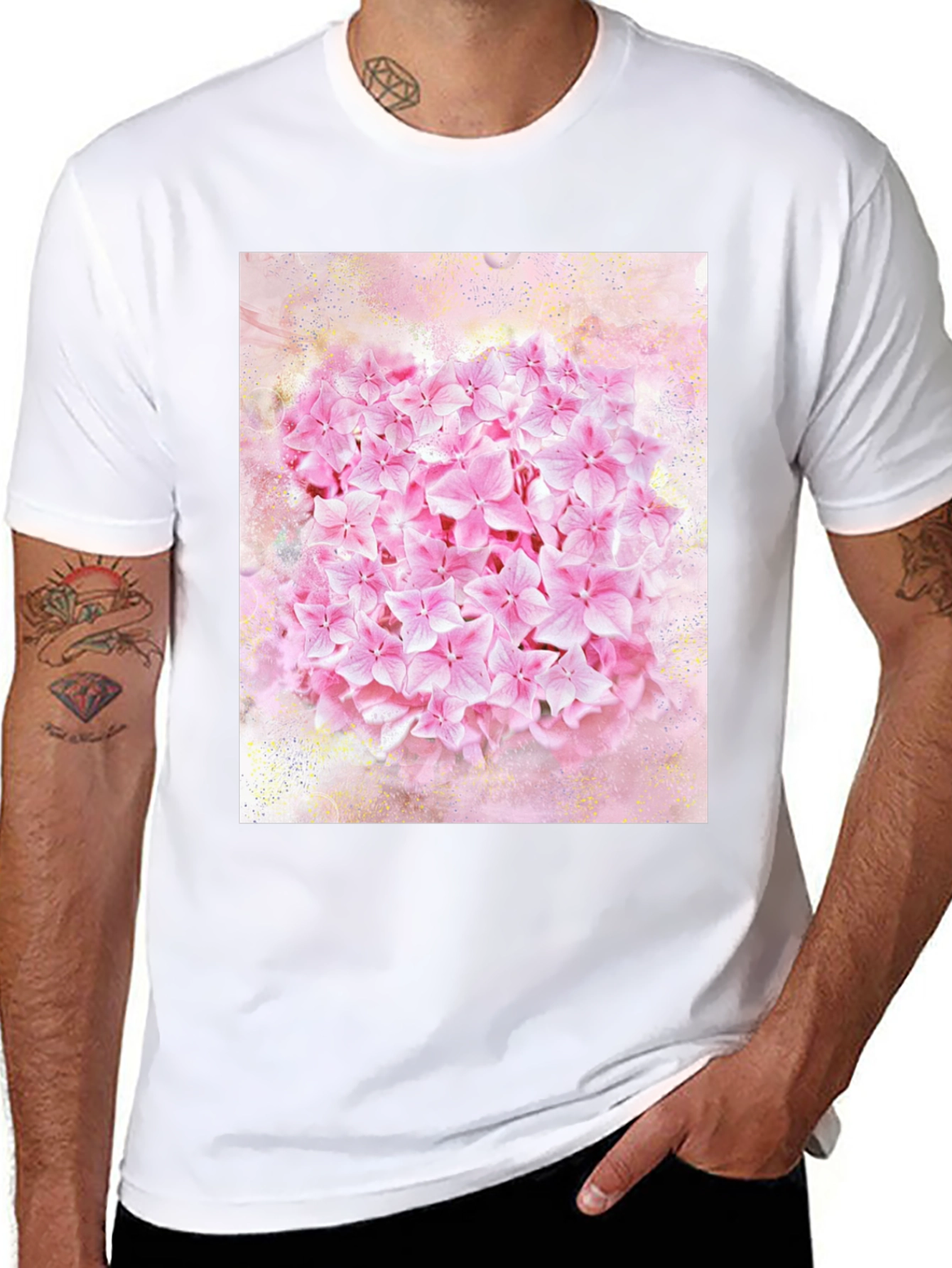 Pink Floral Print Black T-Shirt