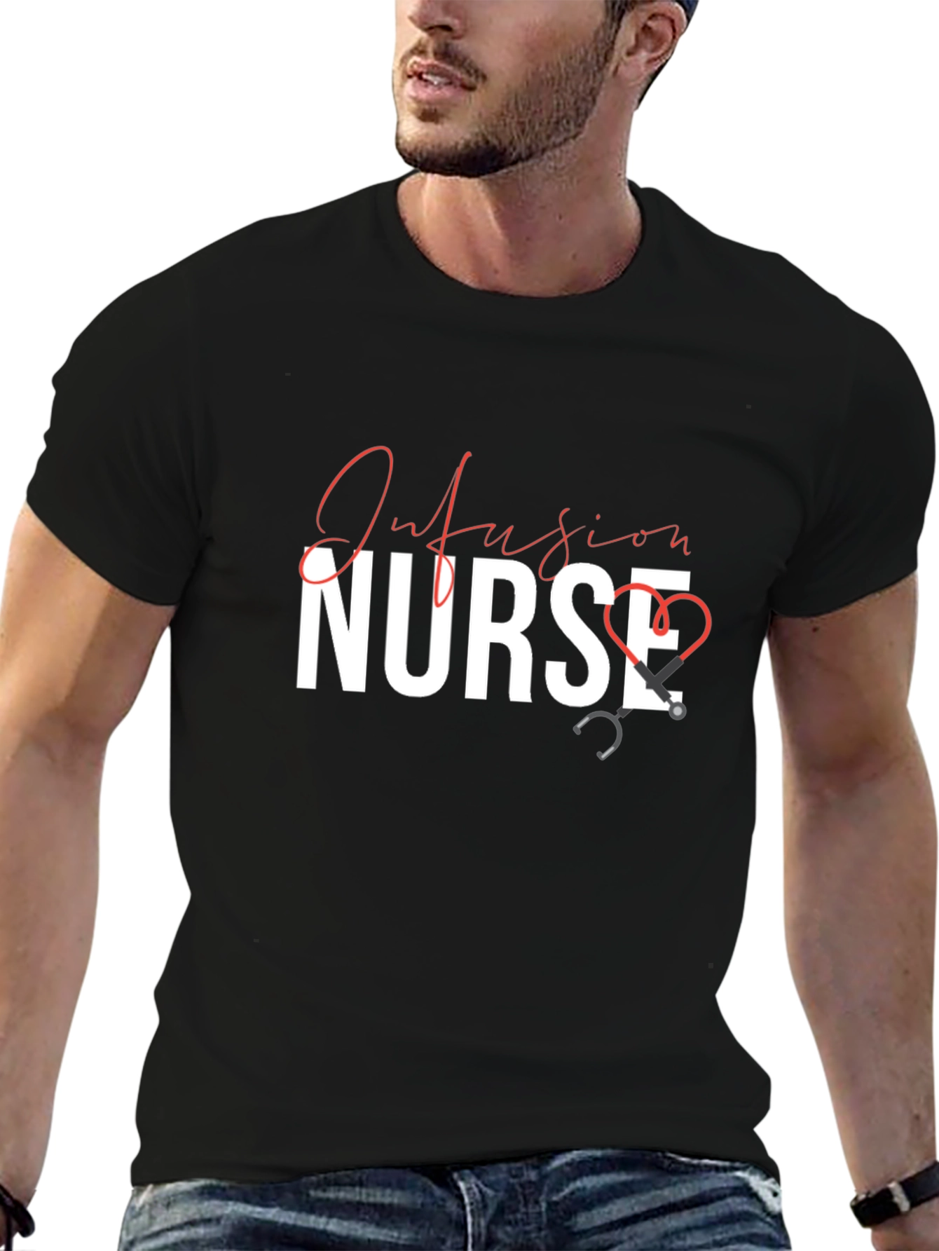 Infusion Nurse Black T-Shirt with Stethoscope Design
