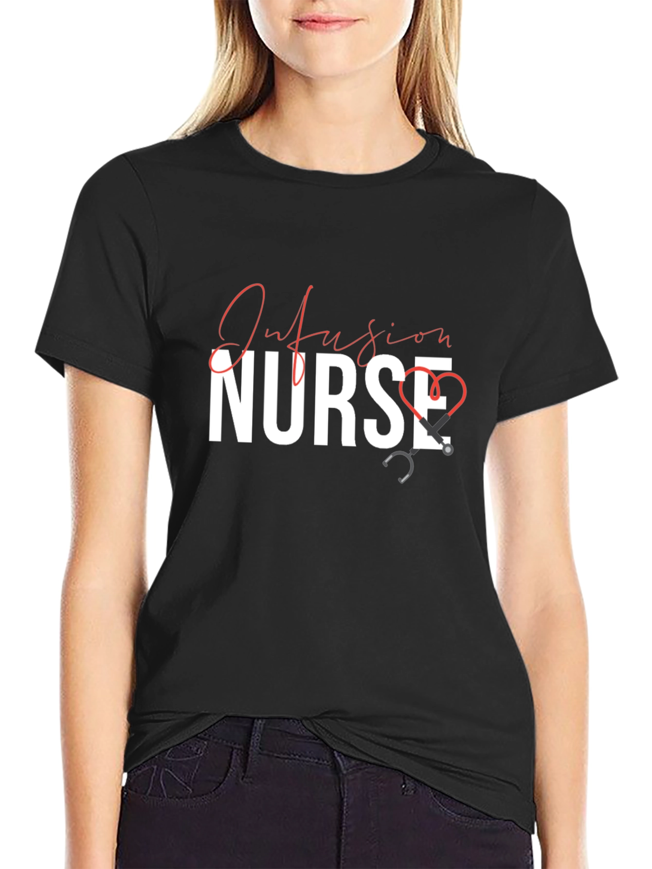 Infusion Nurse Black T-Shirt with Stethoscope Design