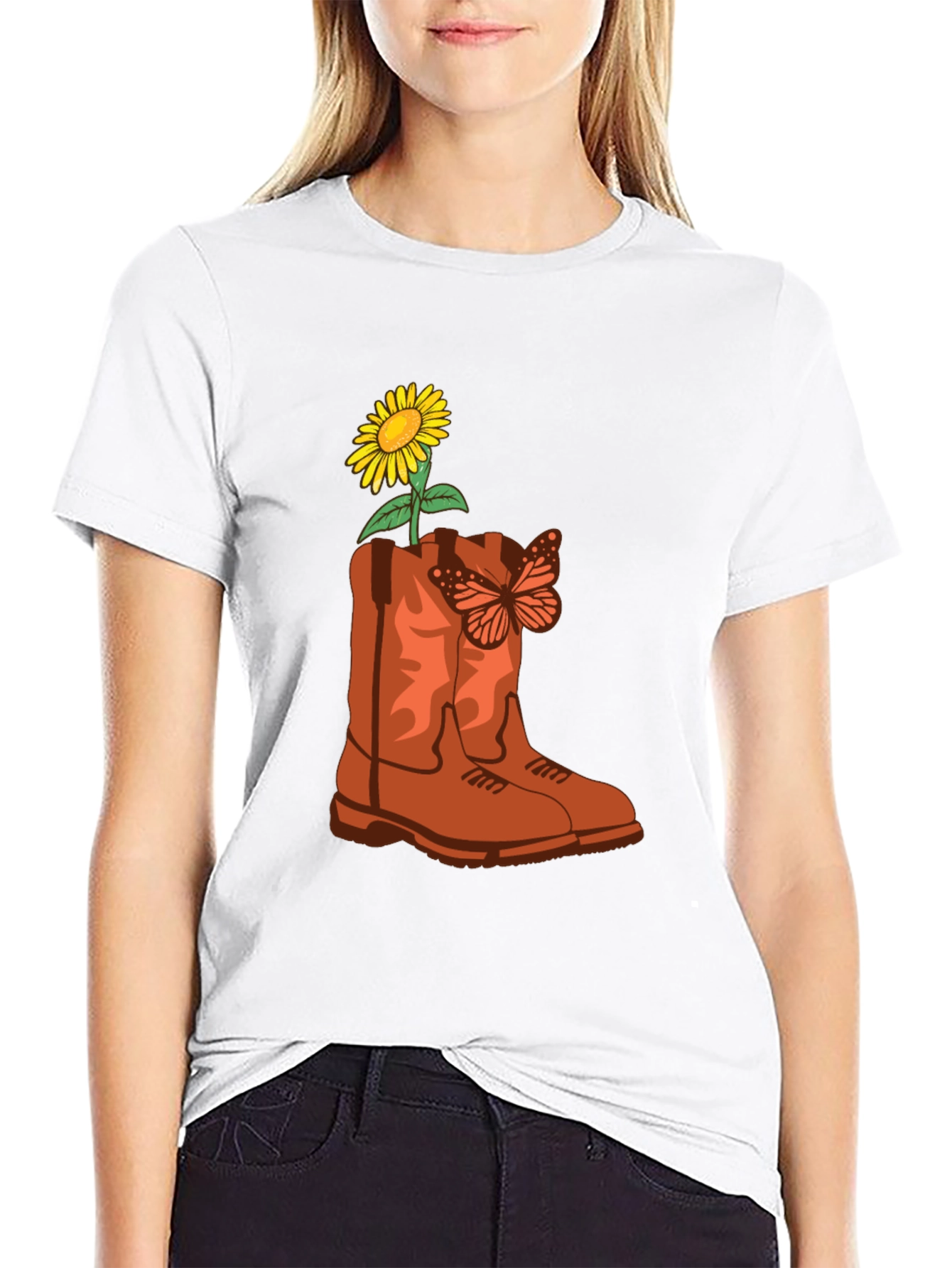 Sunflower & Butterfly Cowboy Boot Graphic Tee