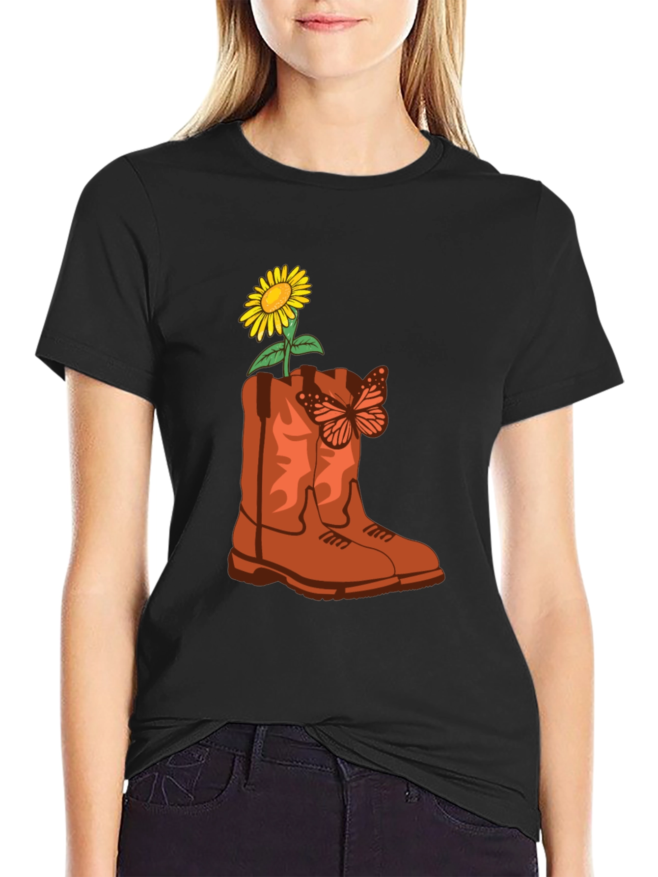 Sunflower & Butterfly Cowboy Boot Graphic Tee