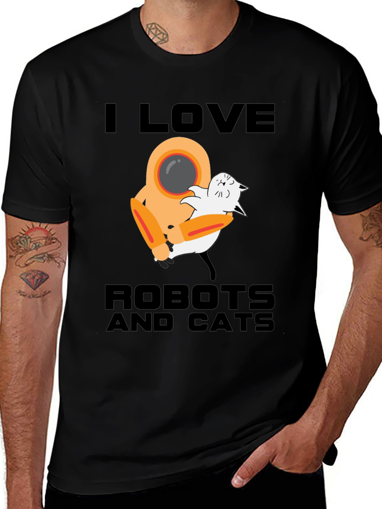 I Love Robots and Cats Graphic T-Shirt