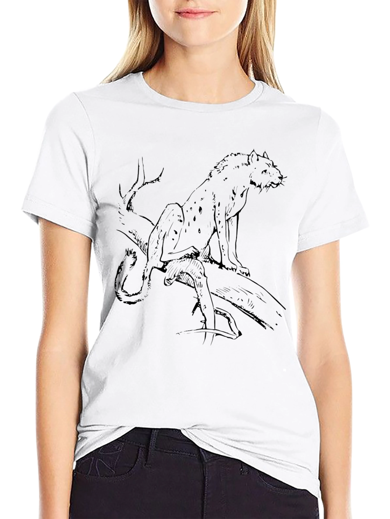 Mens Black T-Shirt with Leopard Sketch Graphic