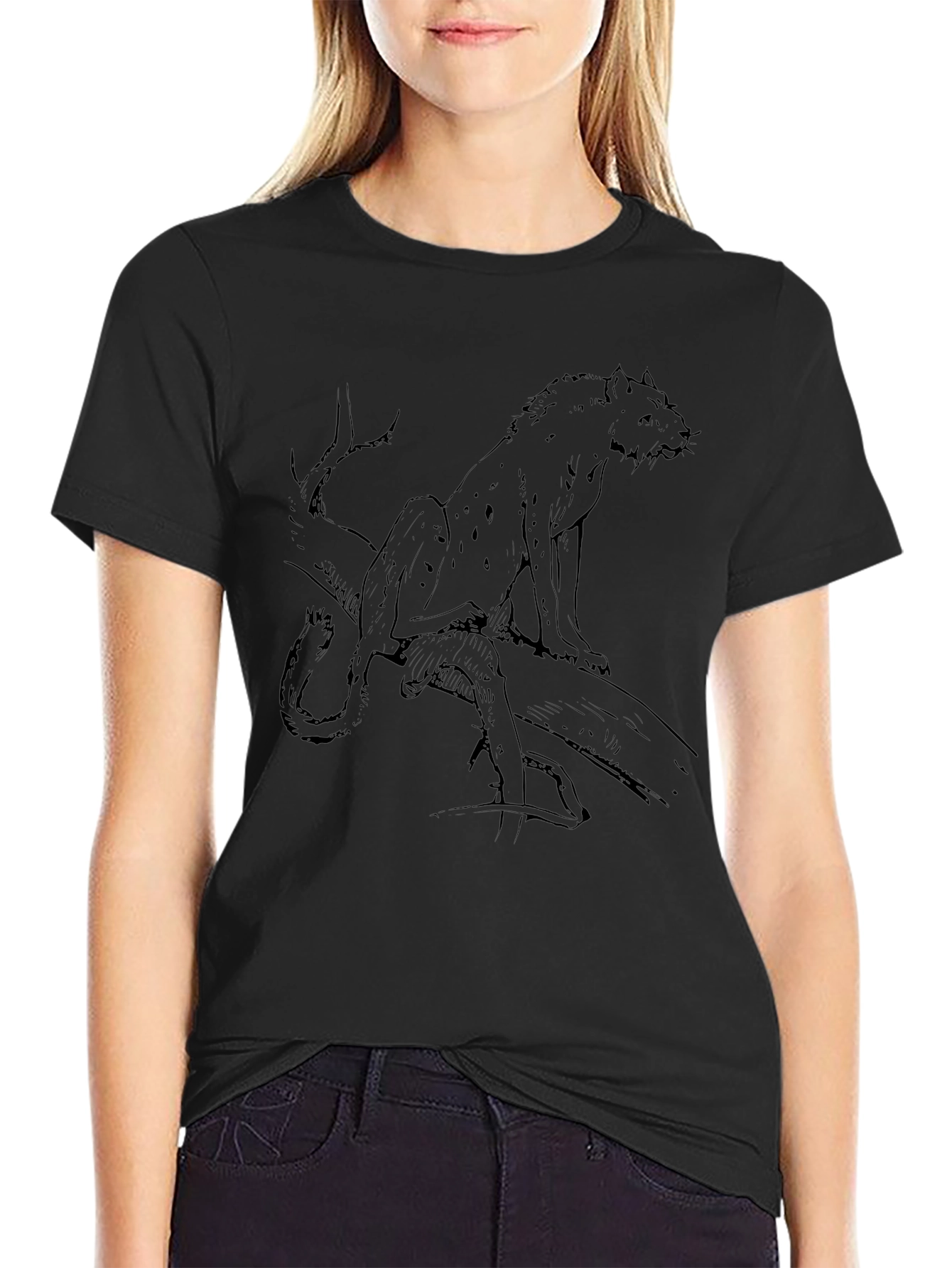 Mens Black T-Shirt with Leopard Sketch Graphic