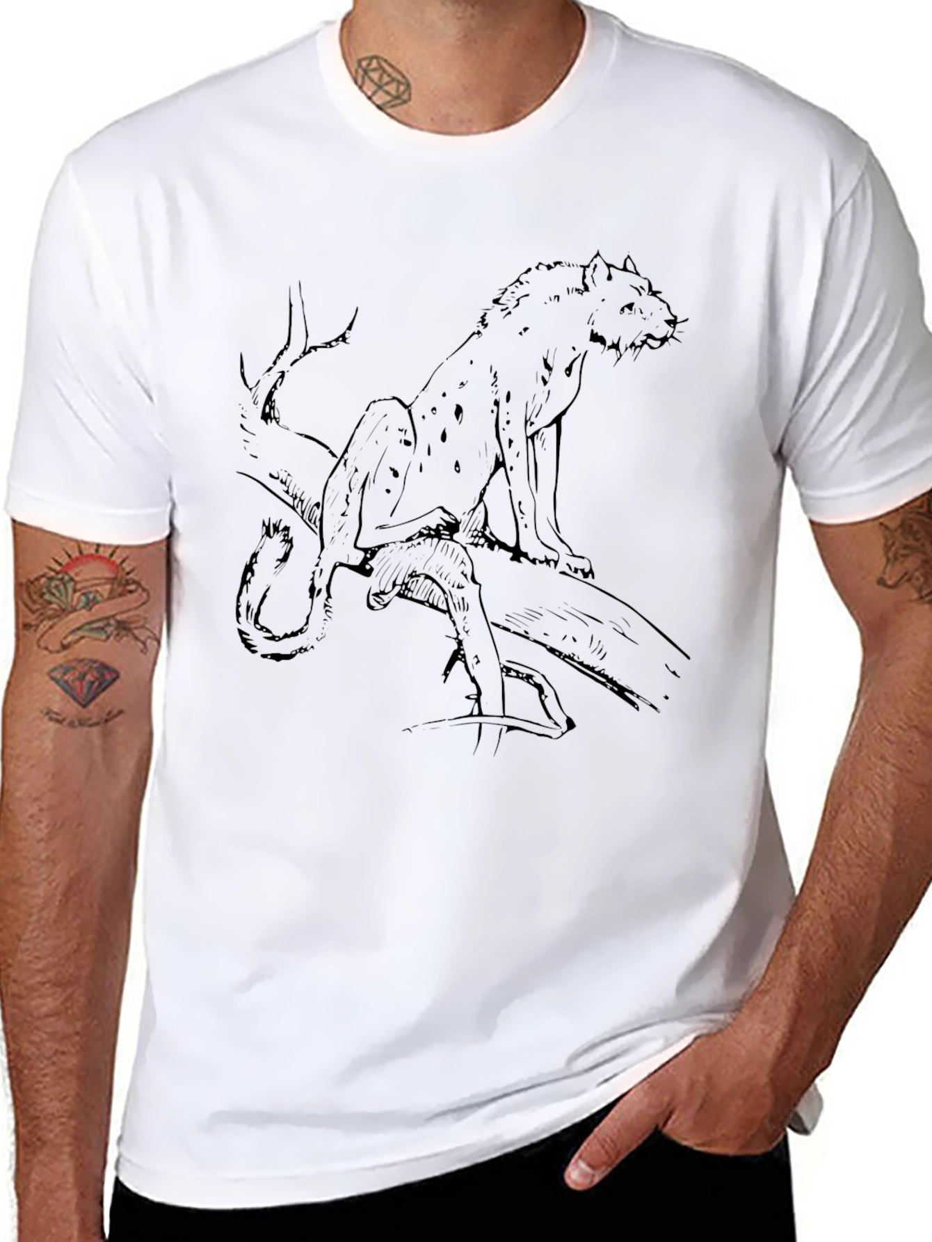 Mens Black T-Shirt with Leopard Sketch Graphic