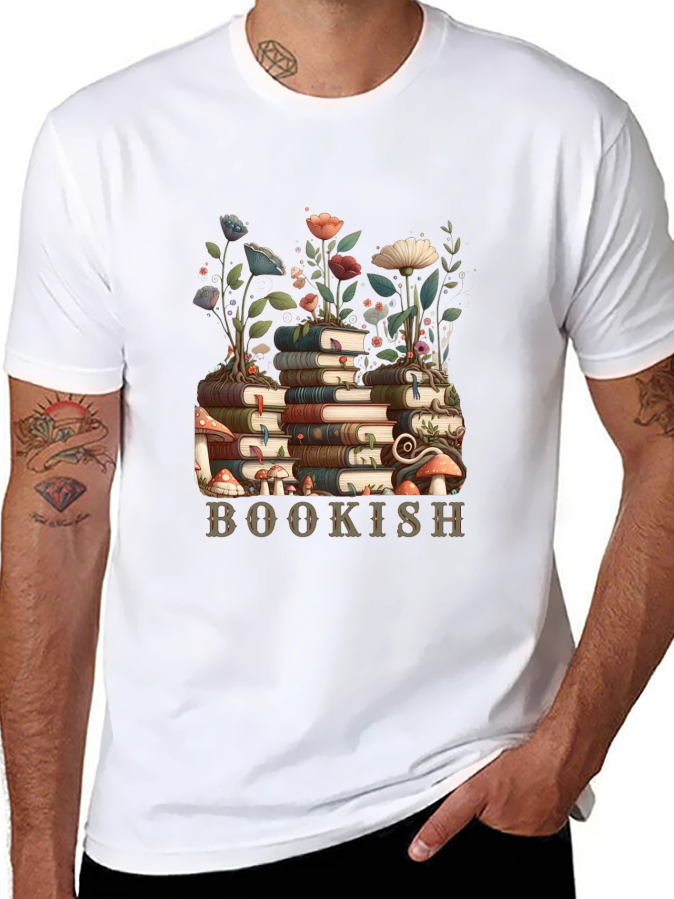Bookish T-Shirt: Stack of Books and Flowers