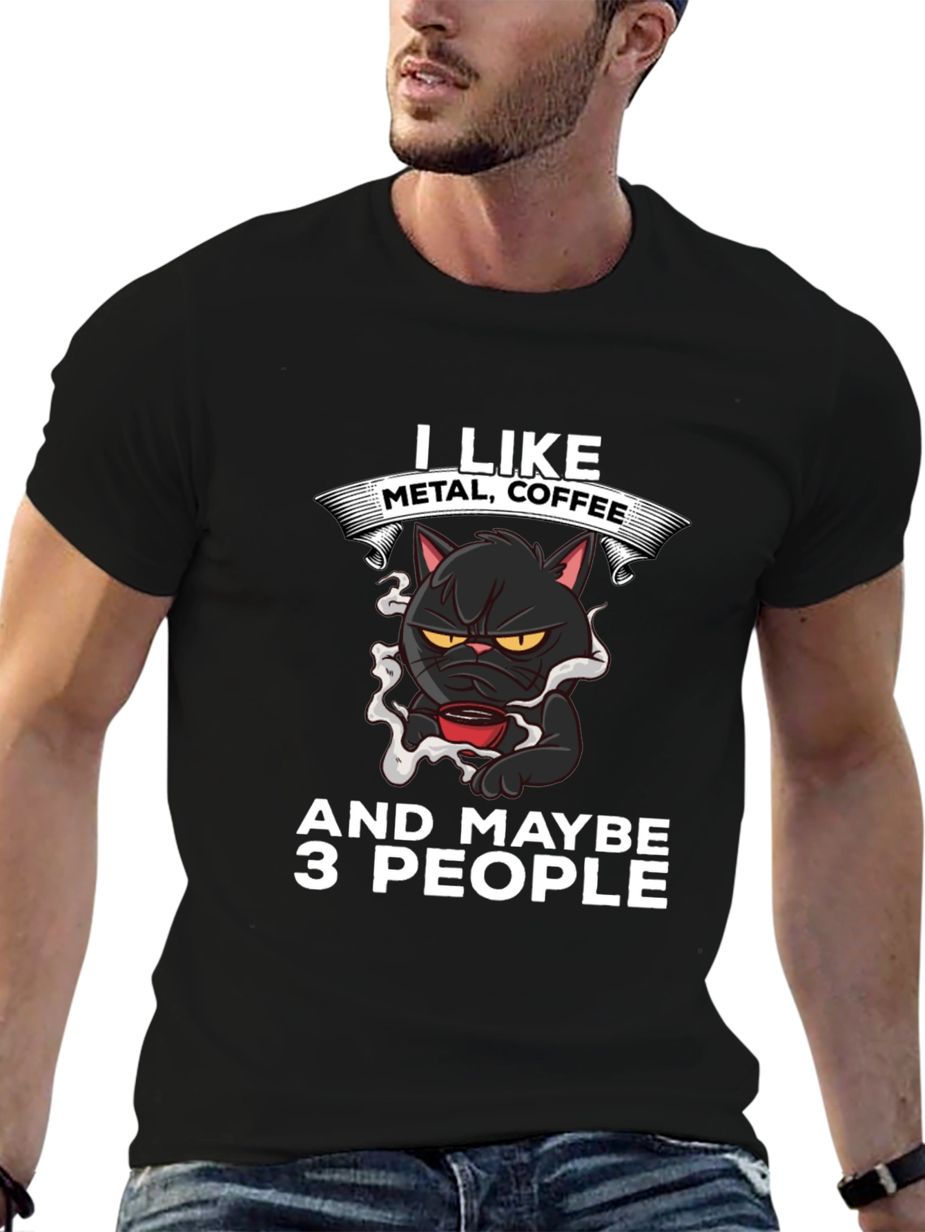 Metal Coffee Cat Graphic T-Shirt