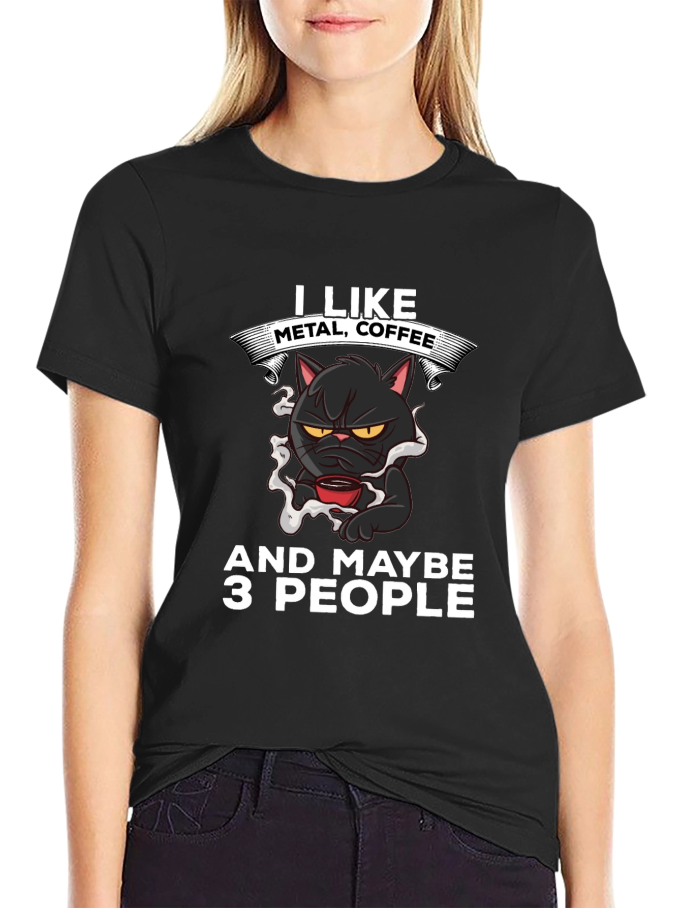 Metal Coffee Cat Graphic T-Shirt