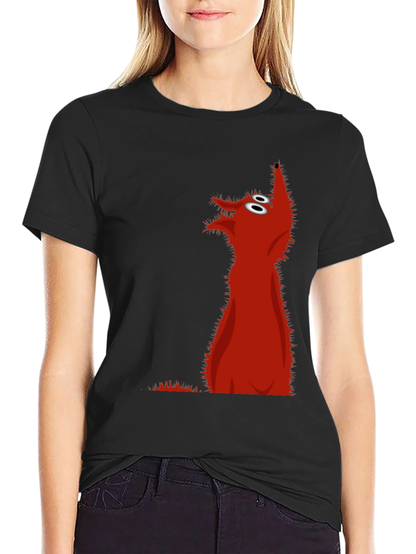 Red Cartoon Wolf Black T-Shirt