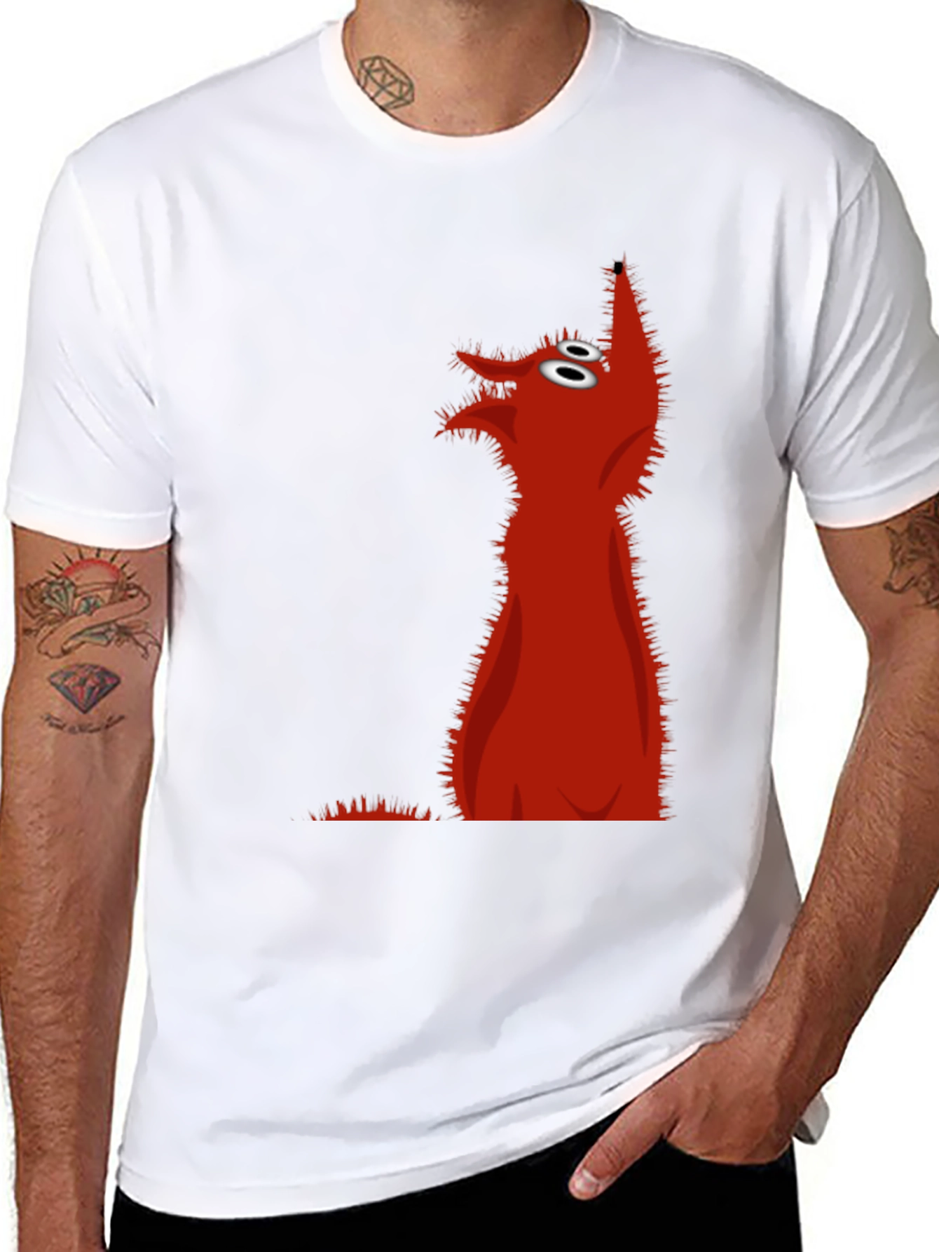 Red Cartoon Wolf Black T-Shirt
