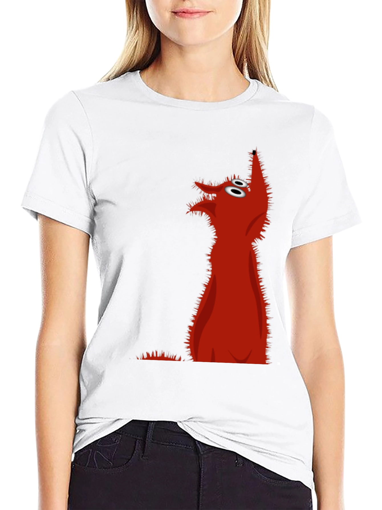 Red Cartoon Wolf Black T-Shirt