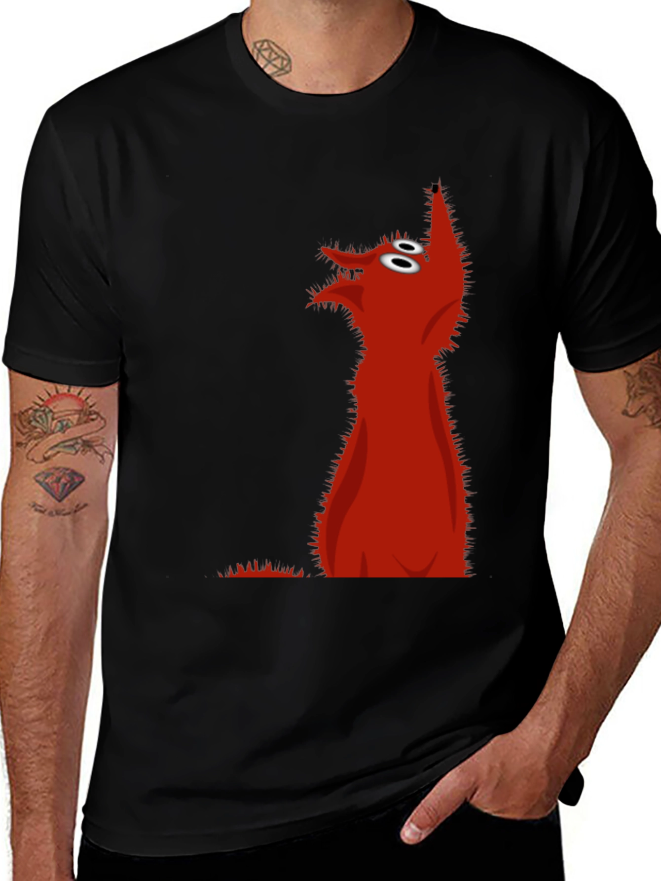 Red Cartoon Wolf Black T-Shirt