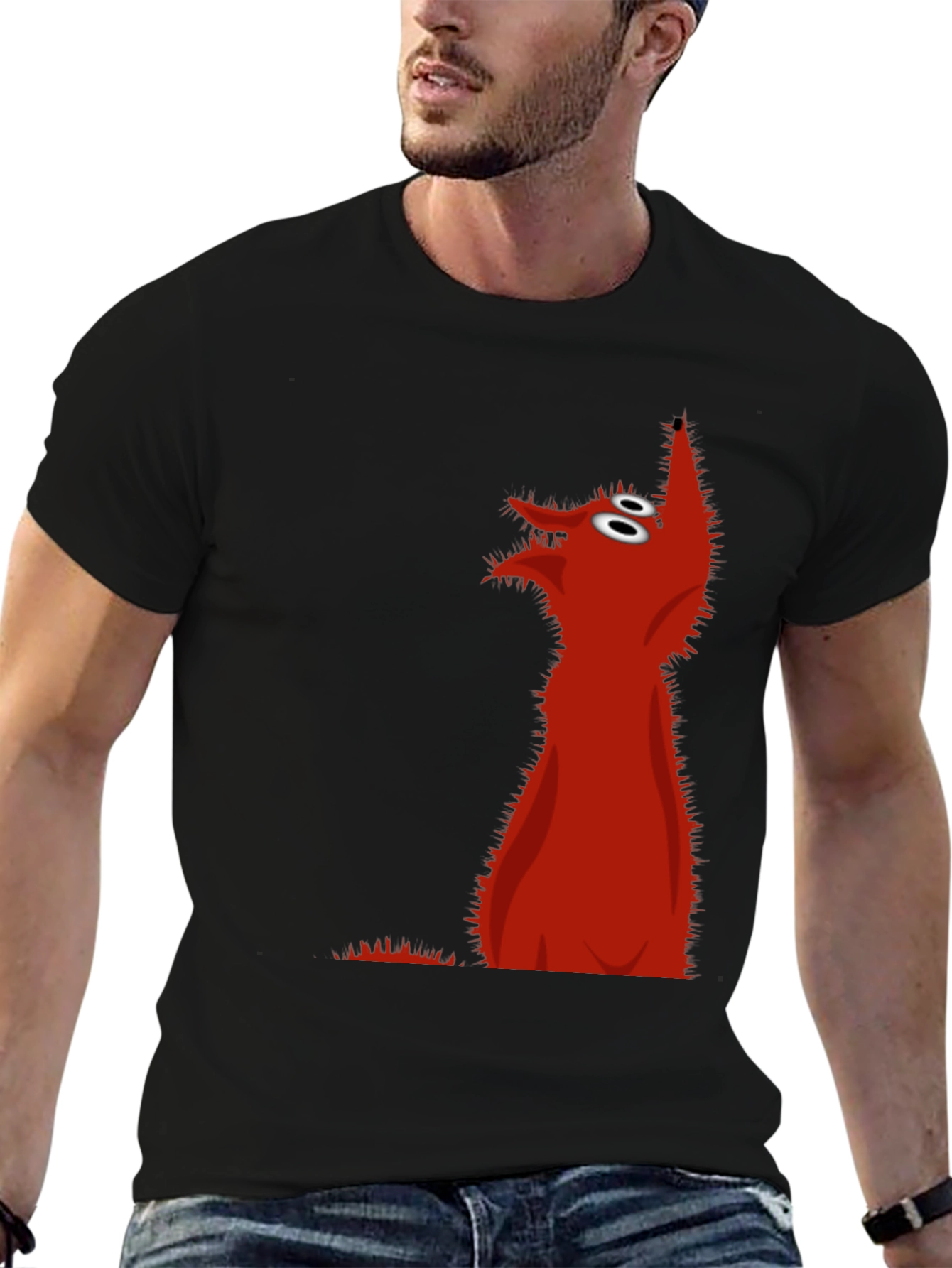 Red Cartoon Wolf Black T-Shirt