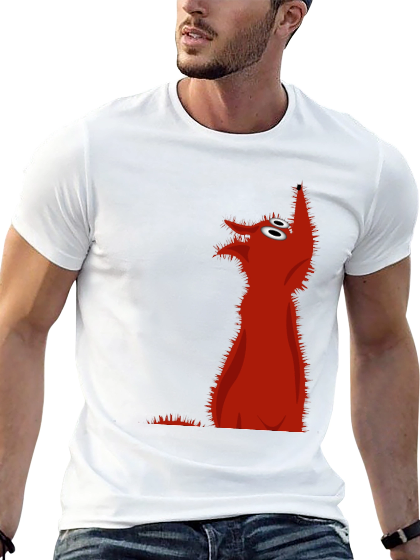 Red Cartoon Wolf Black T-Shirt