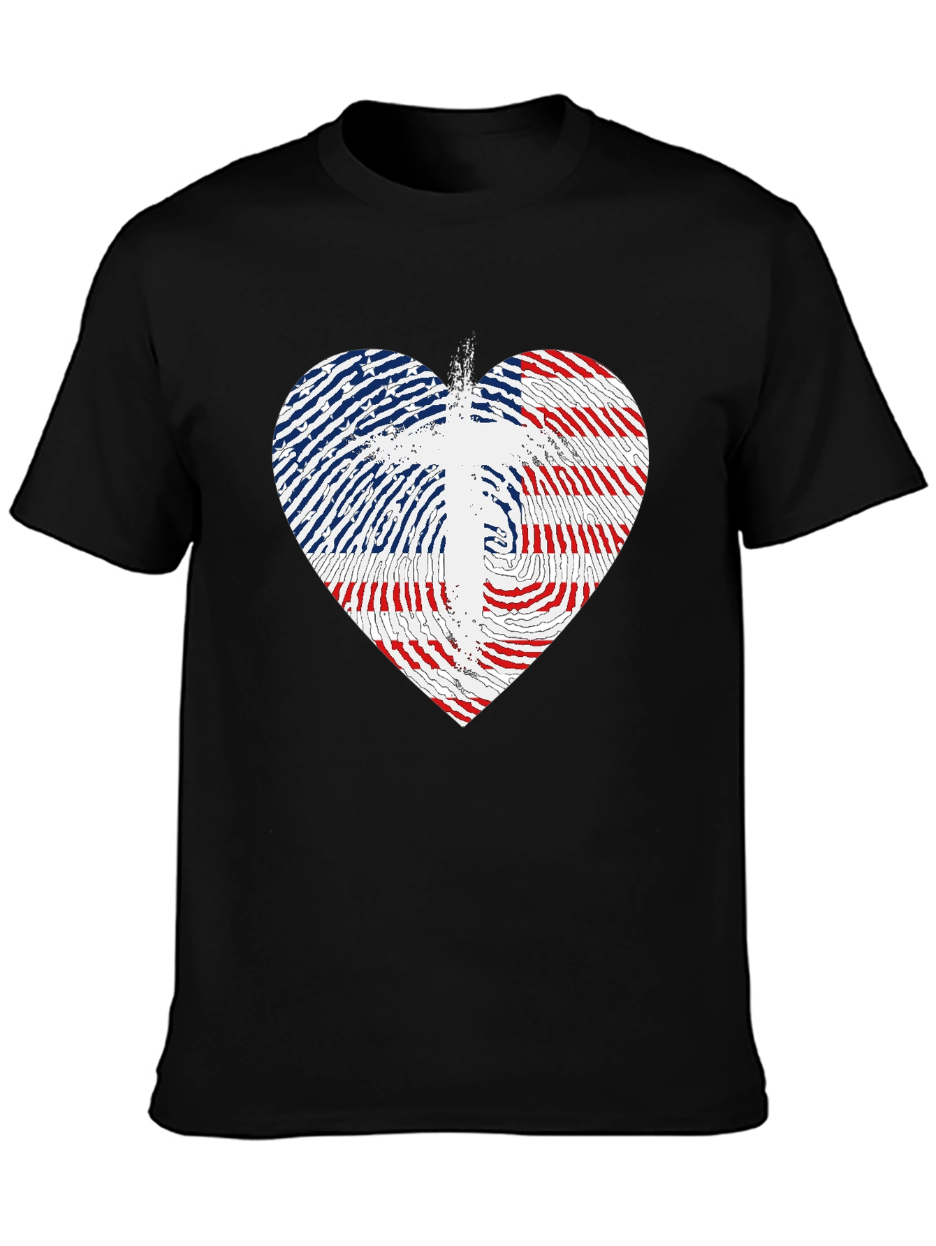 USA Flag Heart & Cross Graphic Black T-Shirt