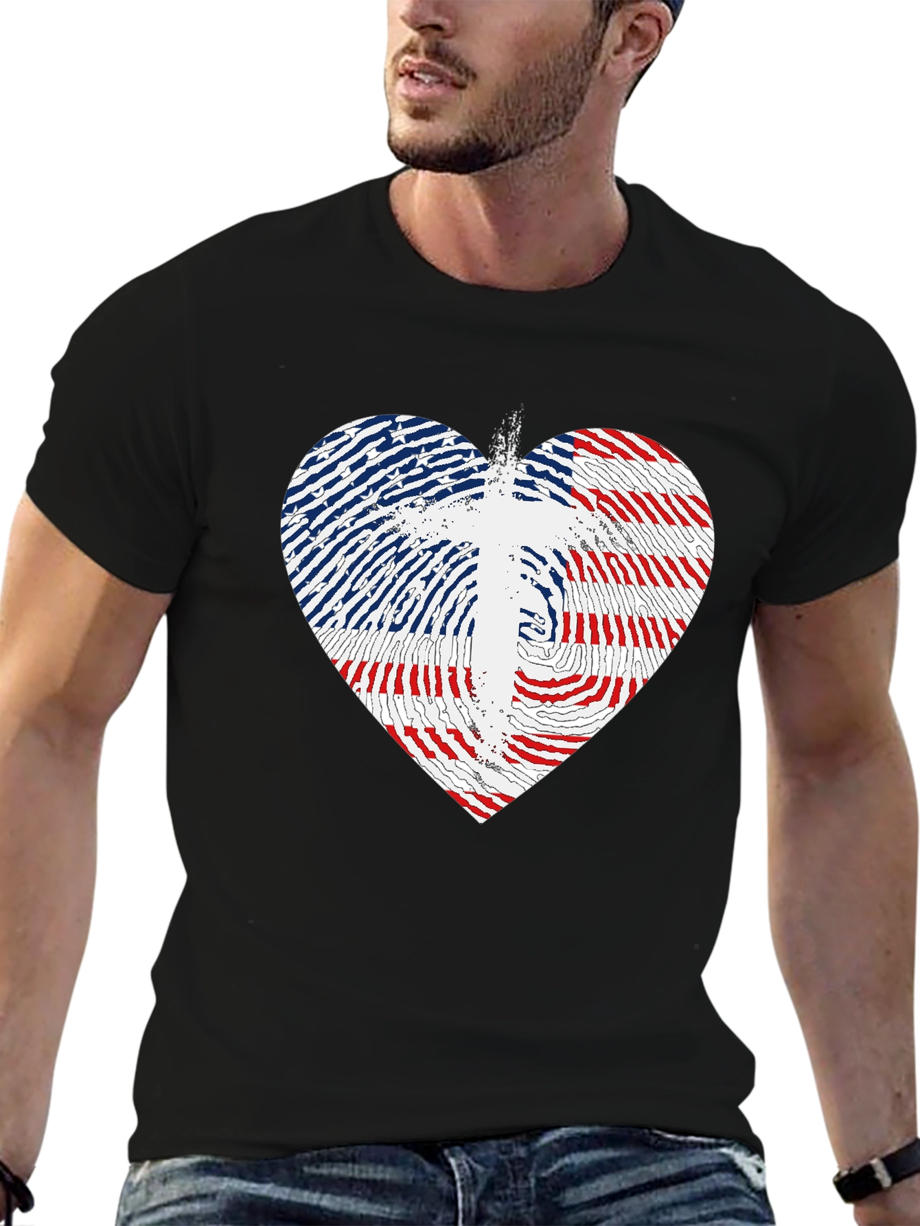 USA Flag Heart & Cross Graphic Black T-Shirt