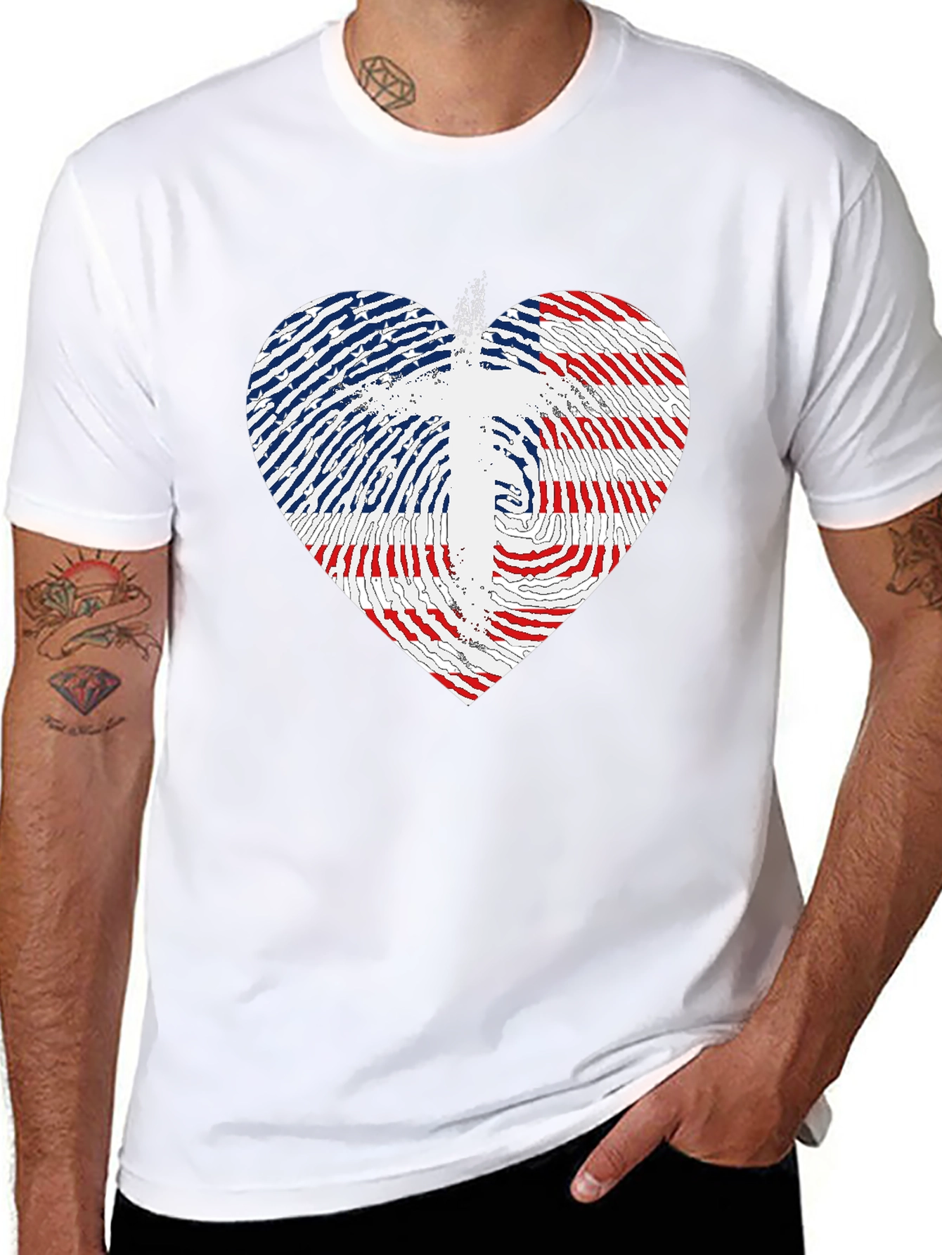 USA Flag Heart & Cross Graphic Black T-Shirt