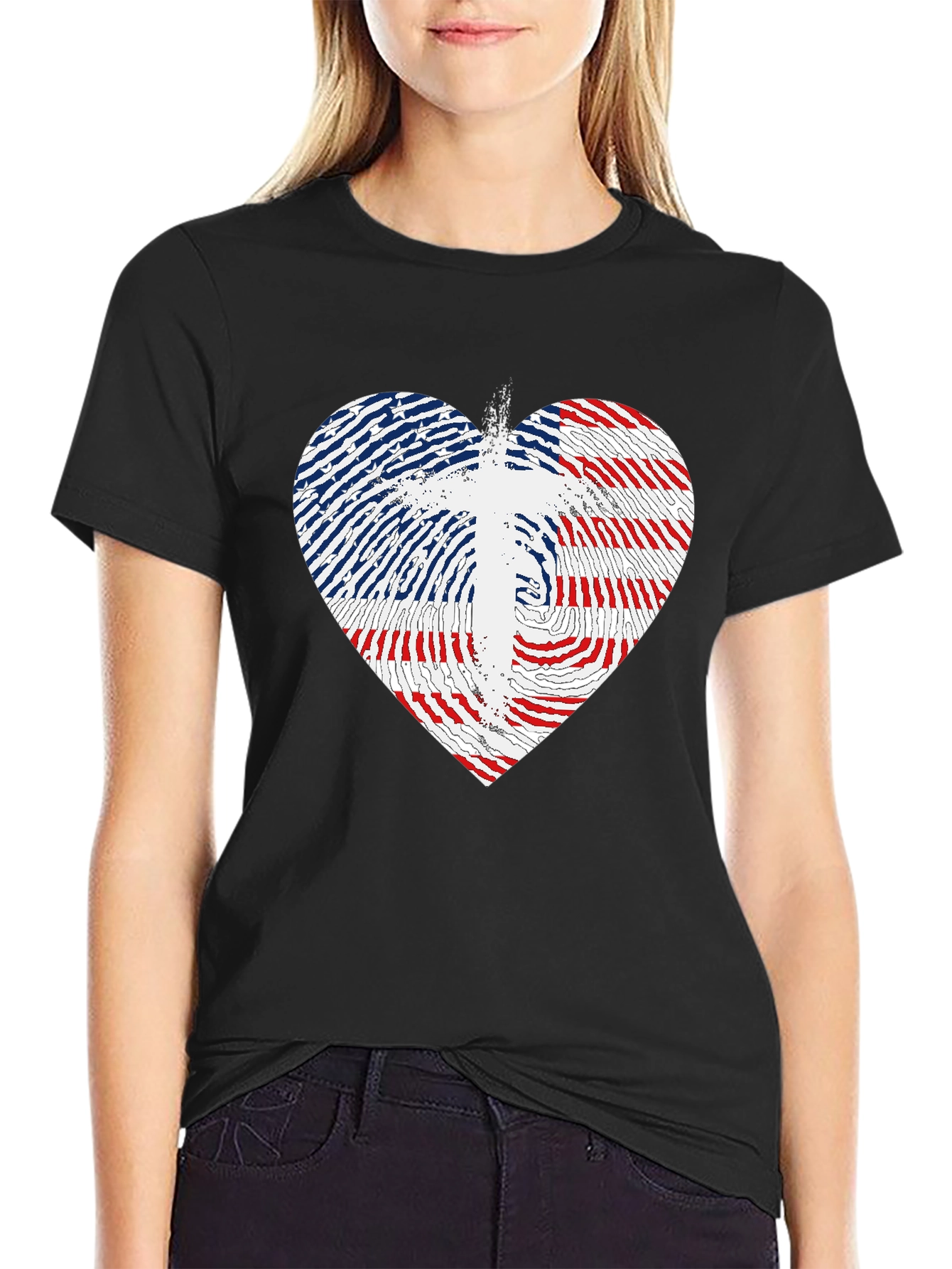 USA Flag Heart & Cross Graphic Black T-Shirt