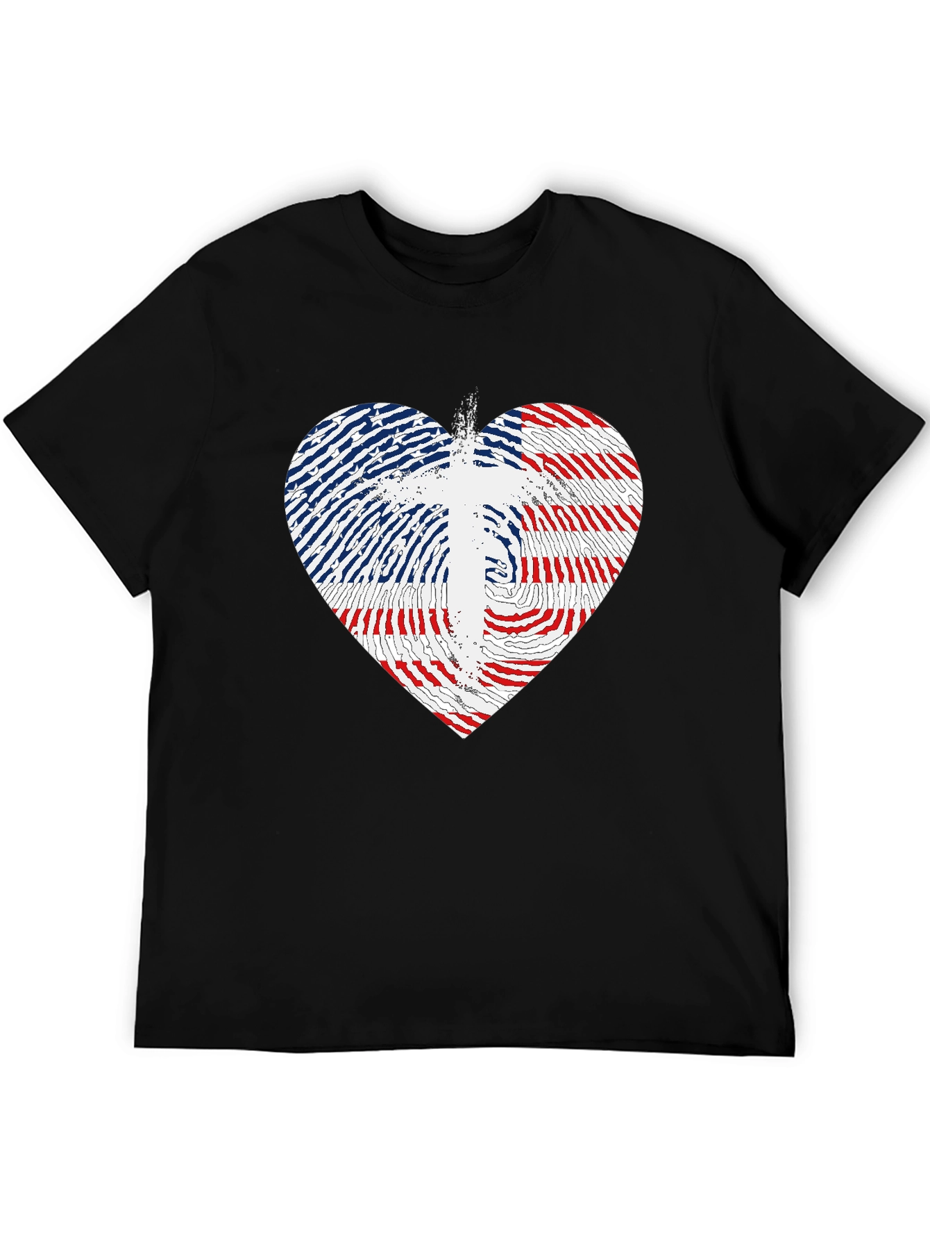 USA Flag Heart & Cross Graphic Black T-Shirt