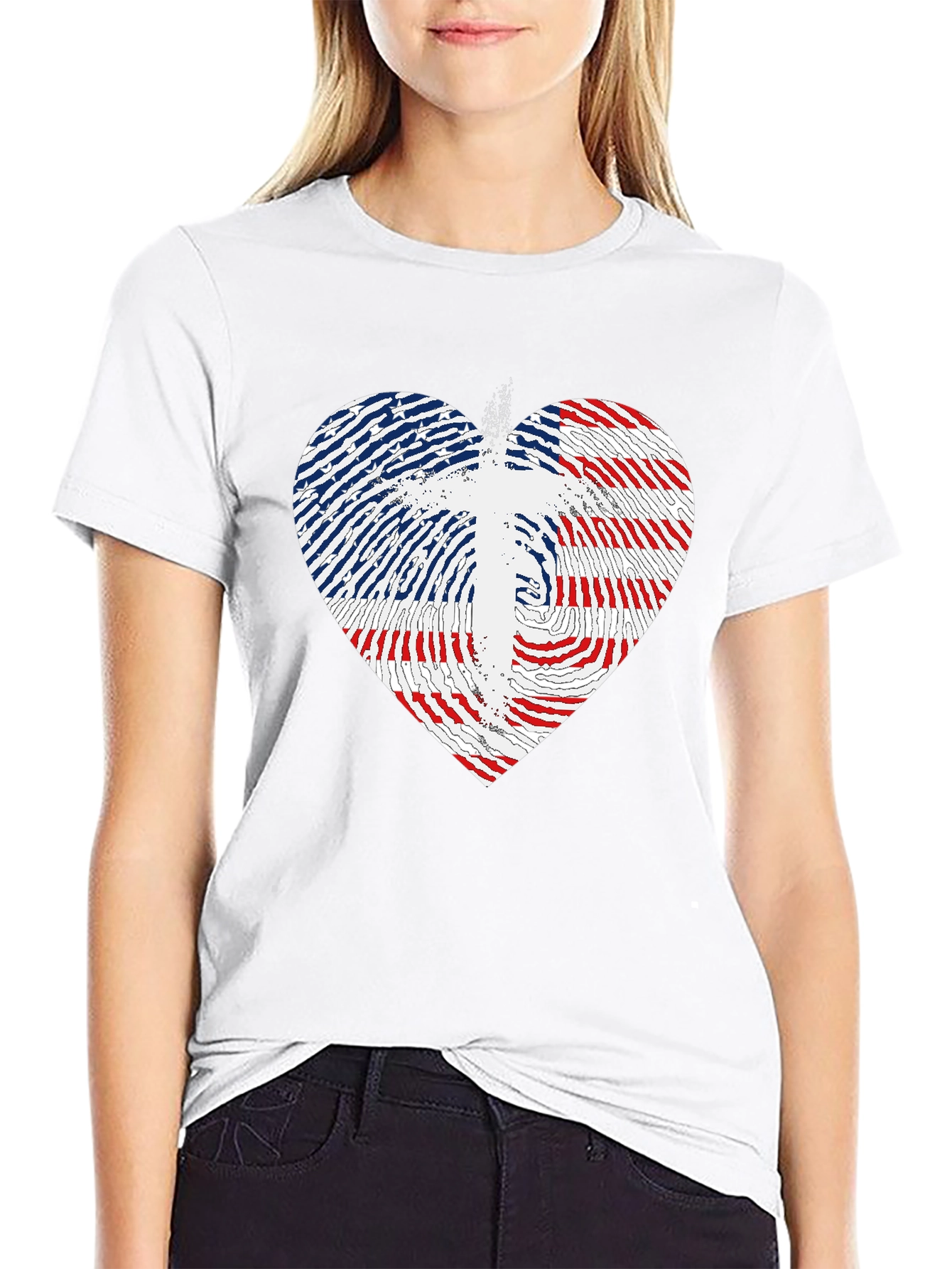 USA Flag Heart & Cross Graphic Black T-Shirt