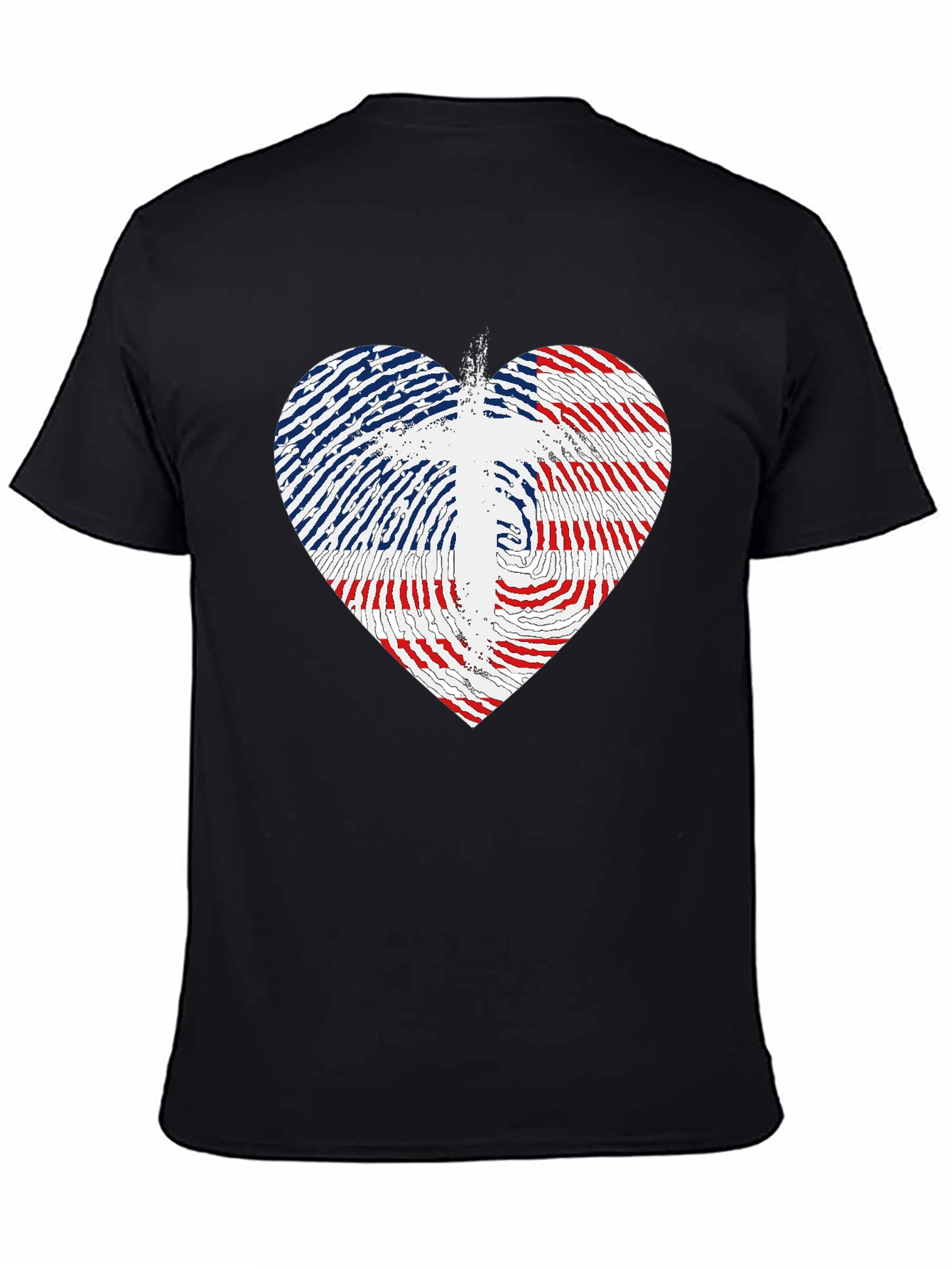 USA Flag Heart & Cross Graphic Black T-Shirt
