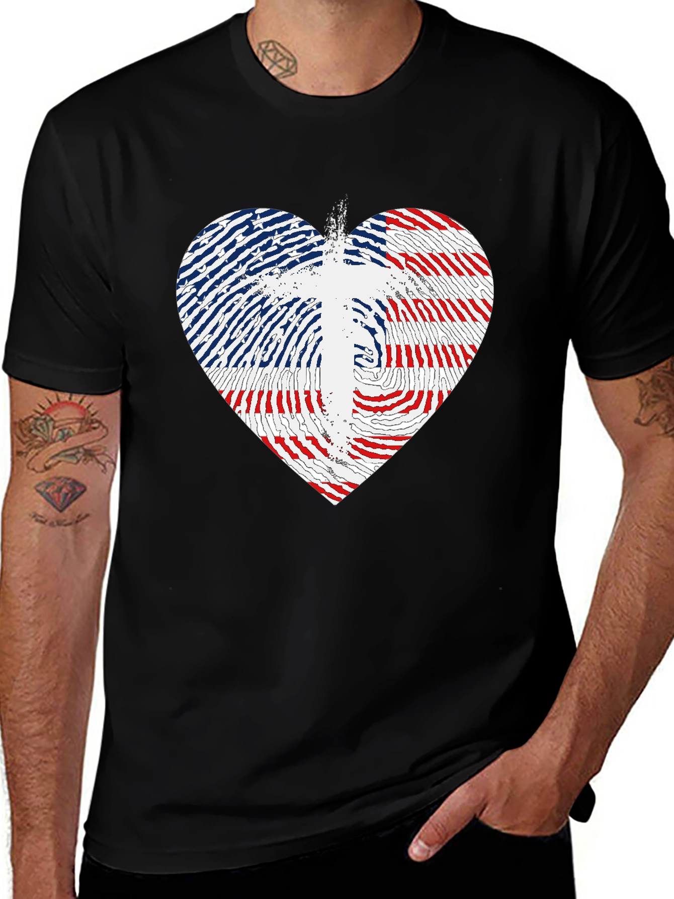 USA Flag Heart & Cross Graphic Black T-Shirt
