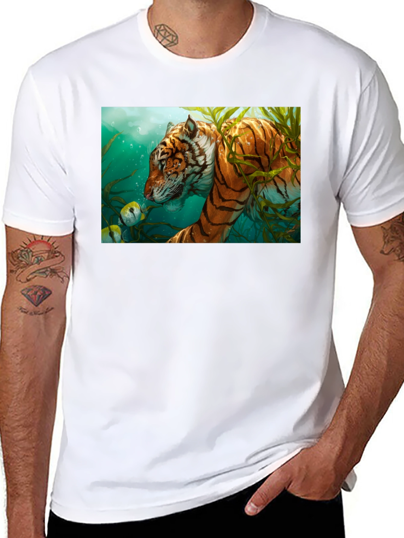 Underwater Tiger Graphic Tee - Black Cotton T-Shirt