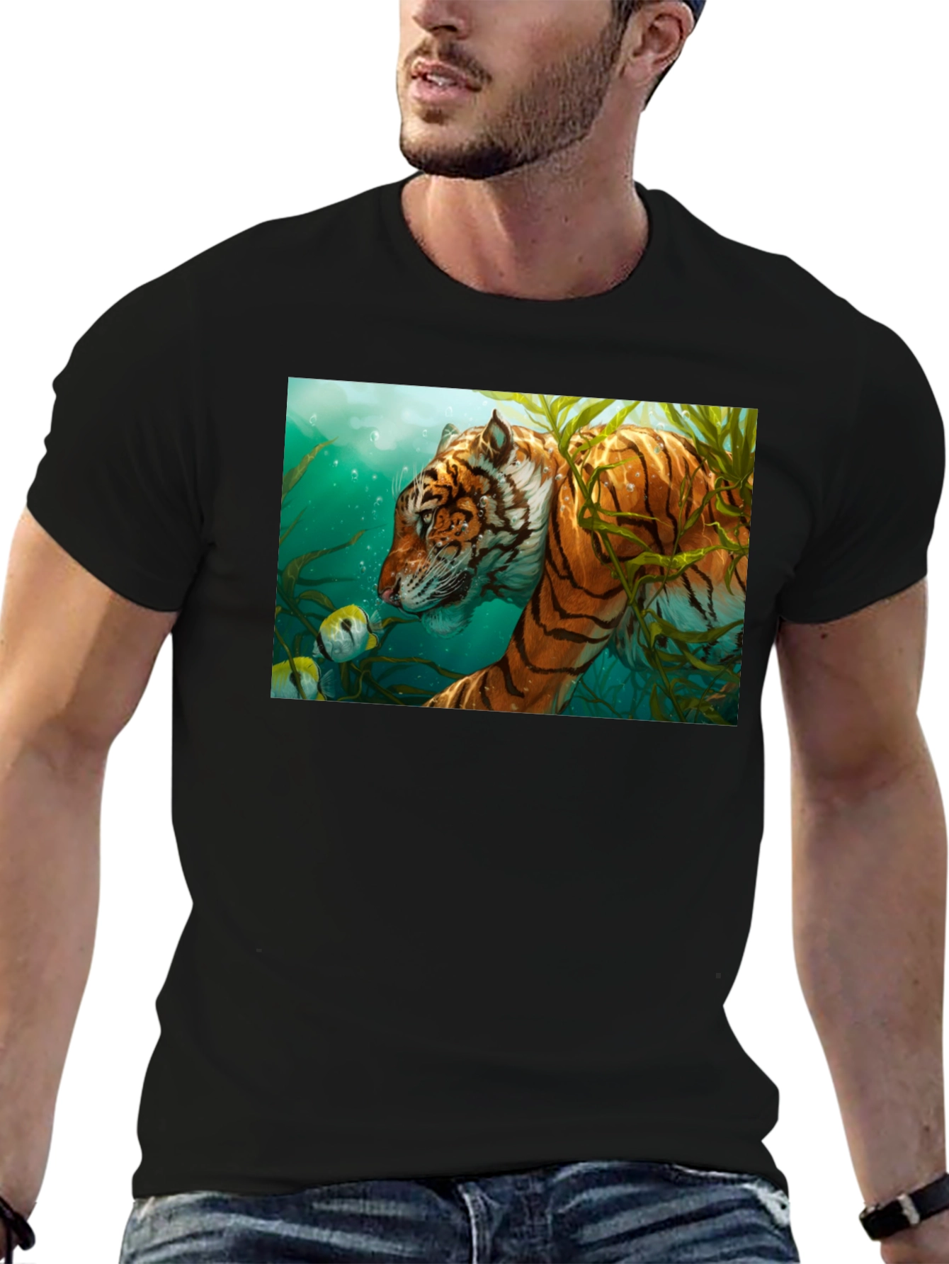 Underwater Tiger Graphic Tee - Black Cotton T-Shirt