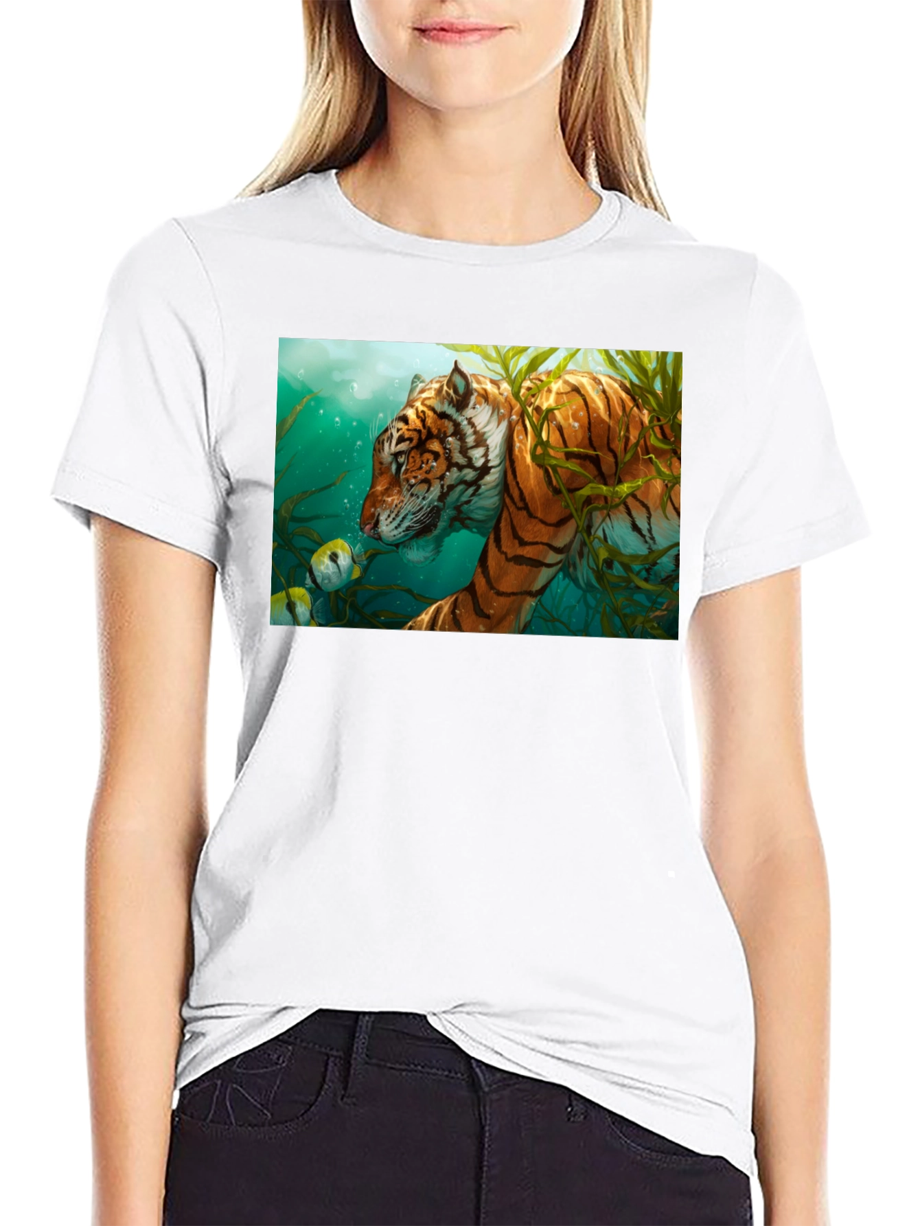 Underwater Tiger Graphic Tee - Black Cotton T-Shirt