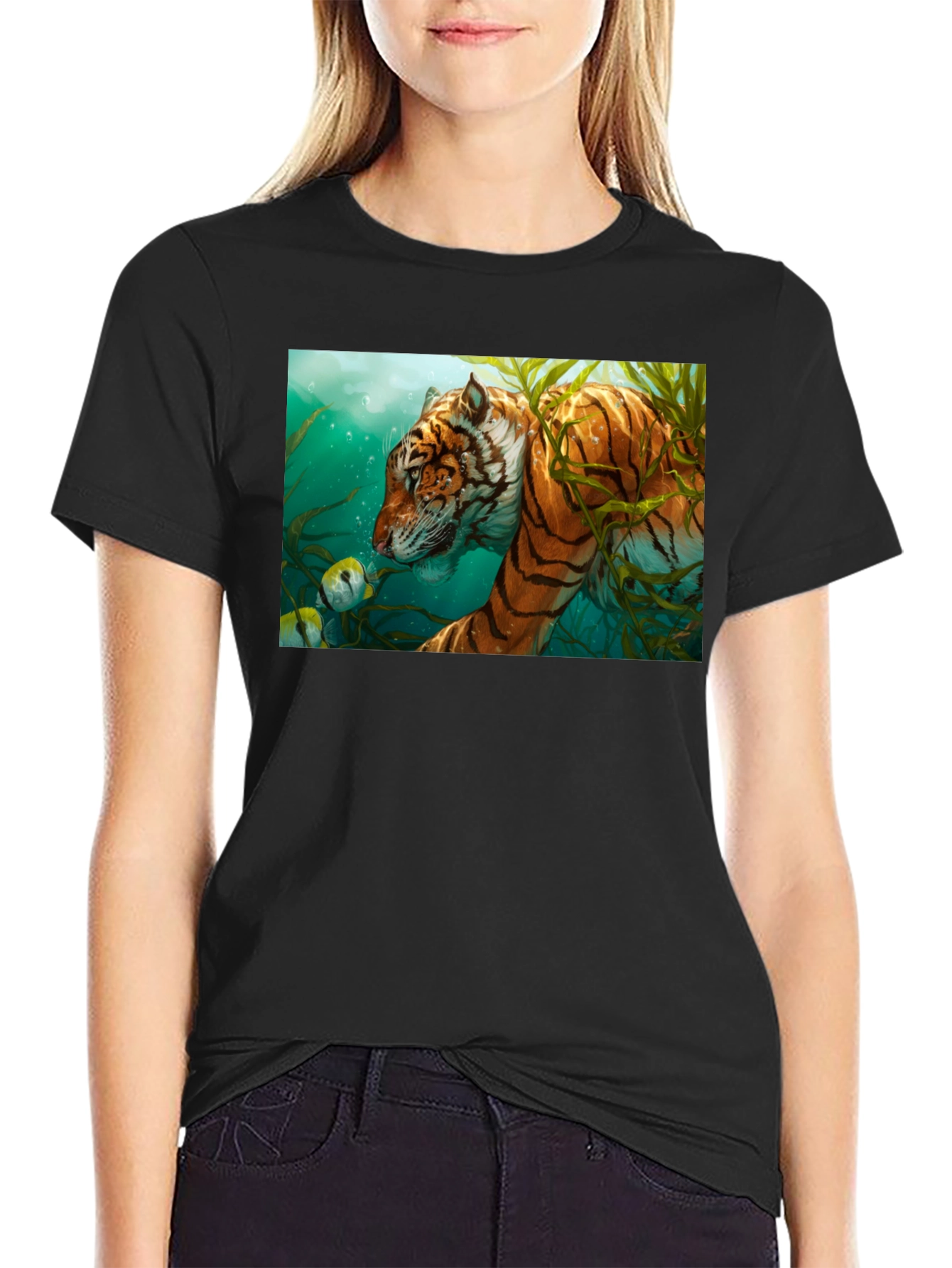 Underwater Tiger Graphic Tee - Black Cotton T-Shirt