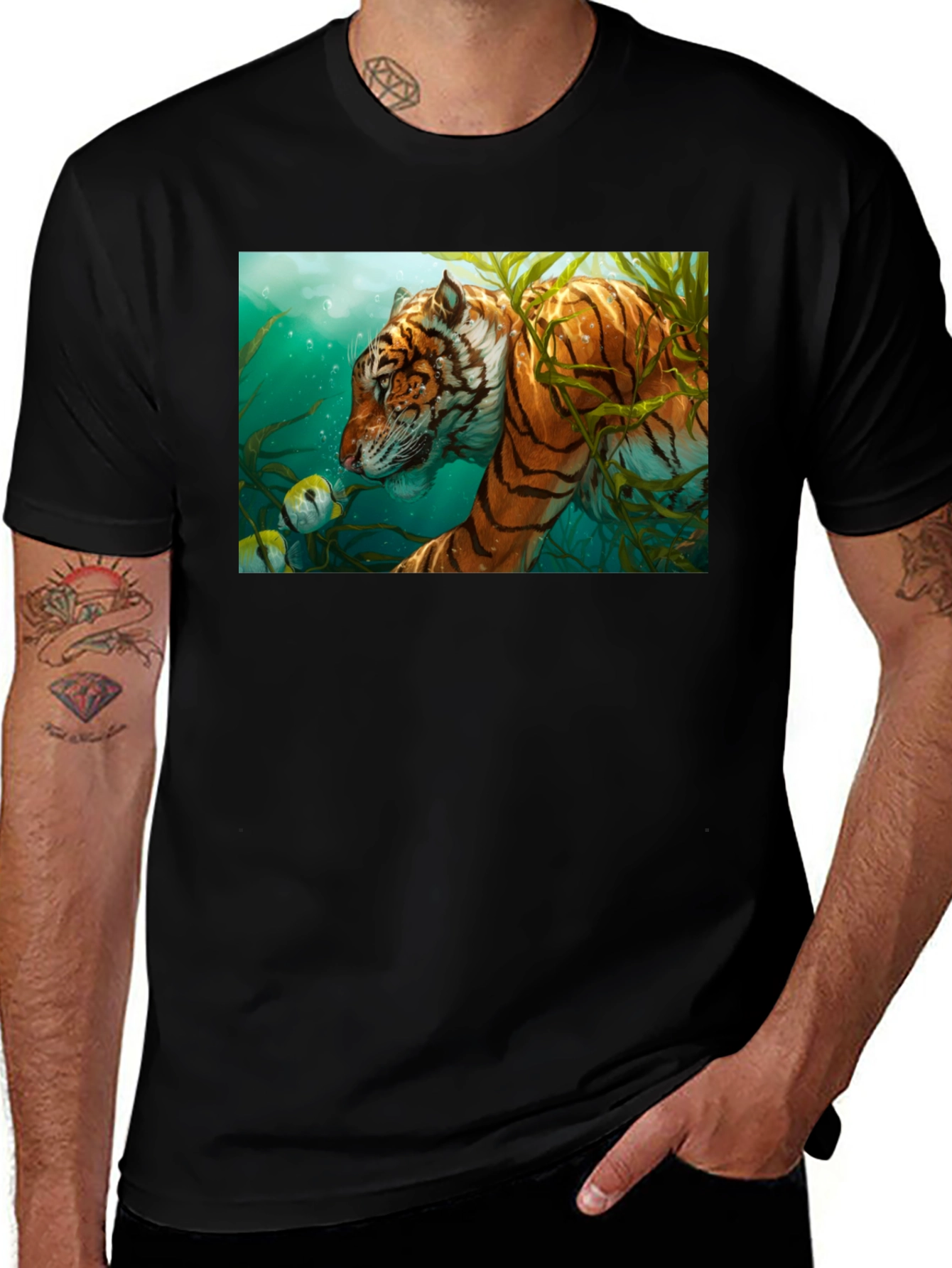 Underwater Tiger Graphic Tee - Black Cotton T-Shirt