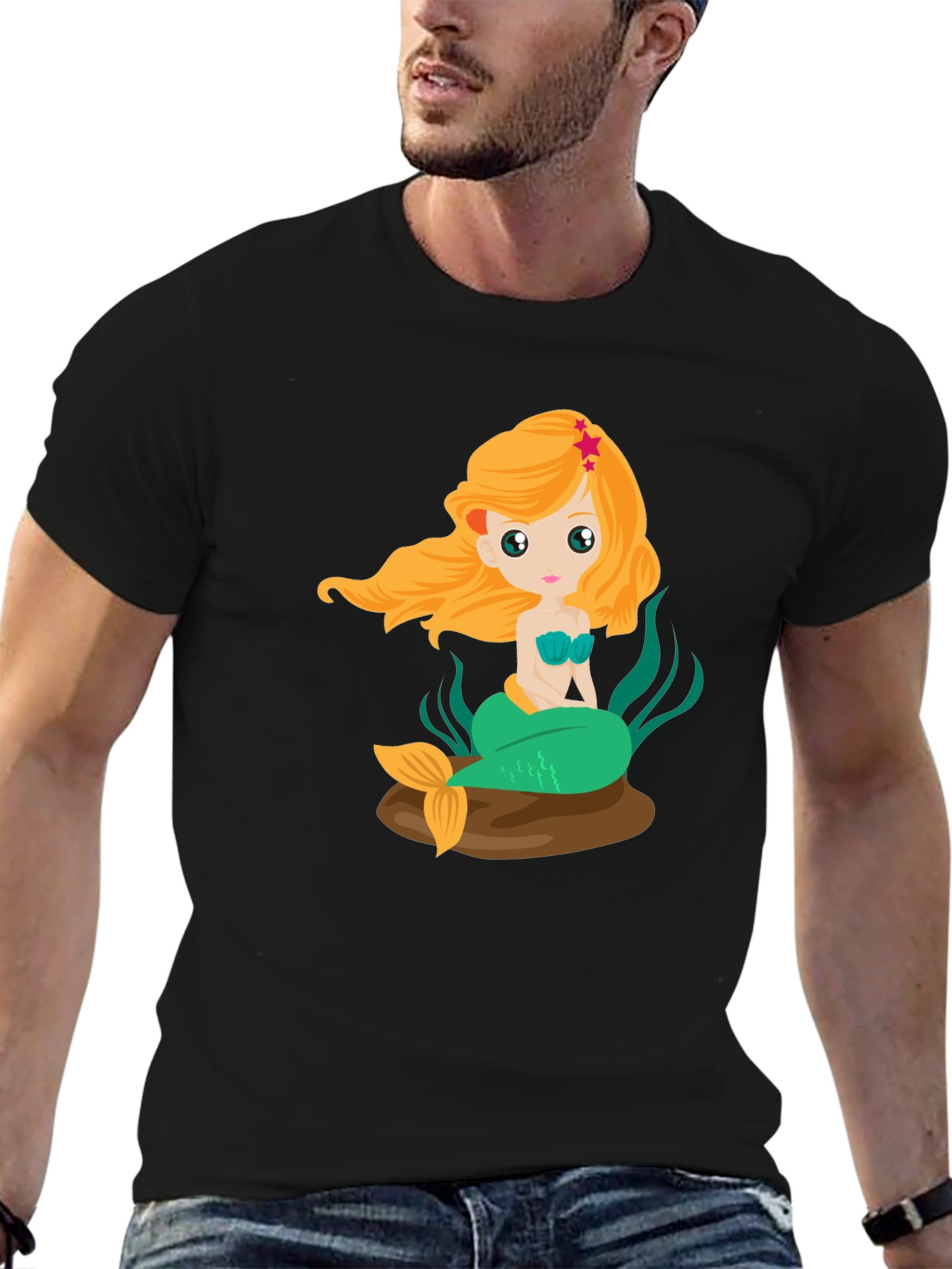 Mermaid Graphic Tee - Black Cotton Blend