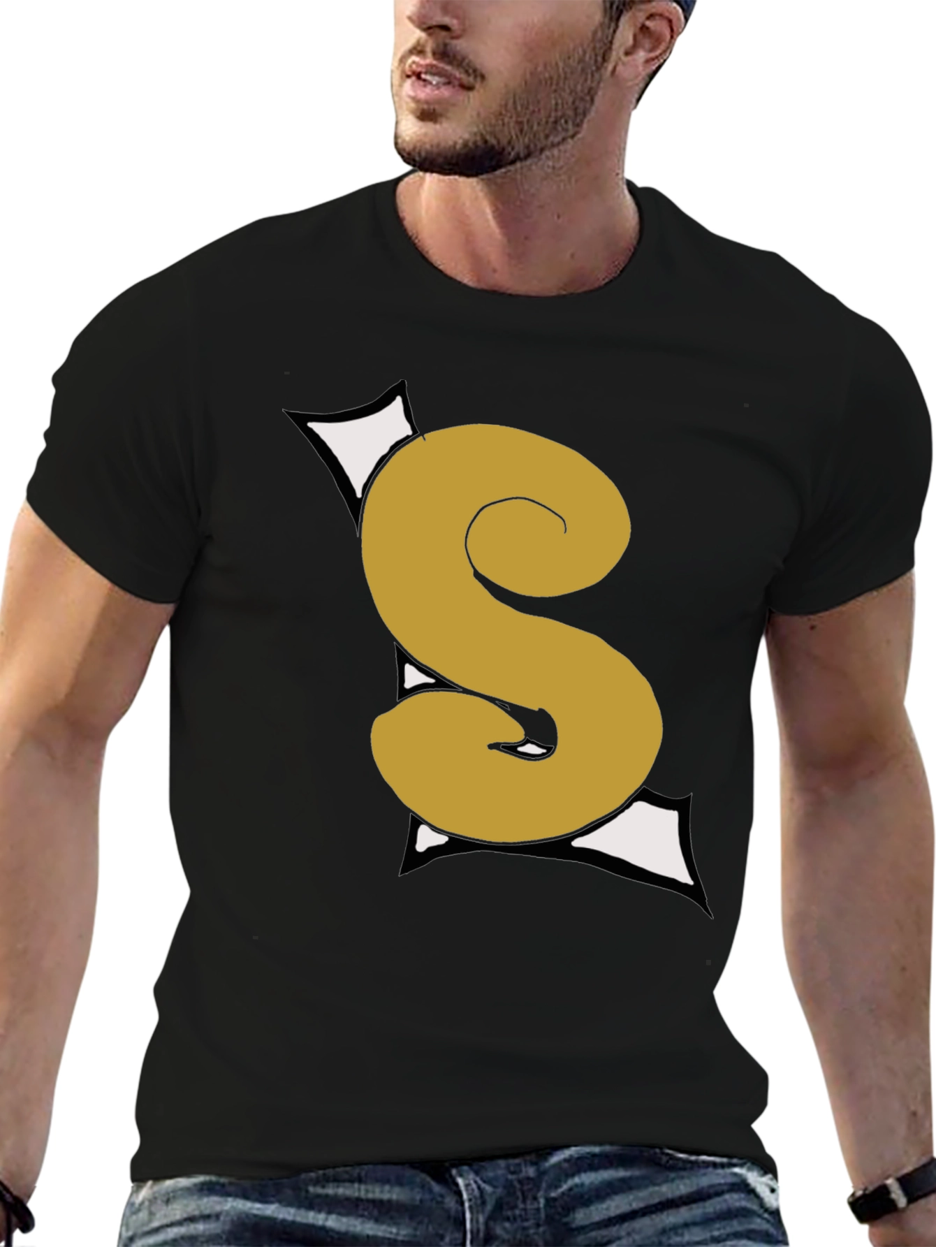 Graphic Black T-Shirt with Gold S Letter