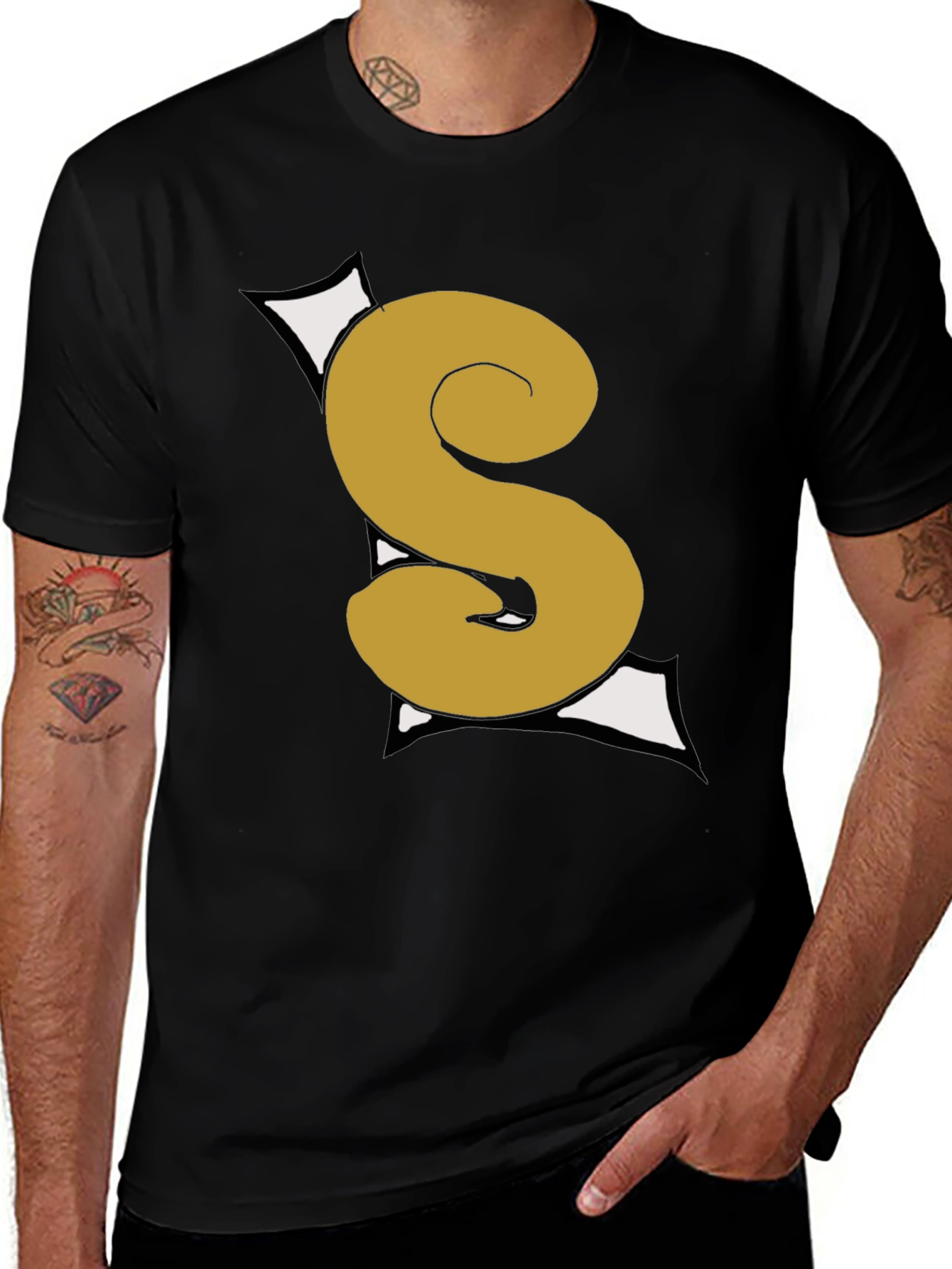 Graphic Black T-Shirt with Gold S Letter
