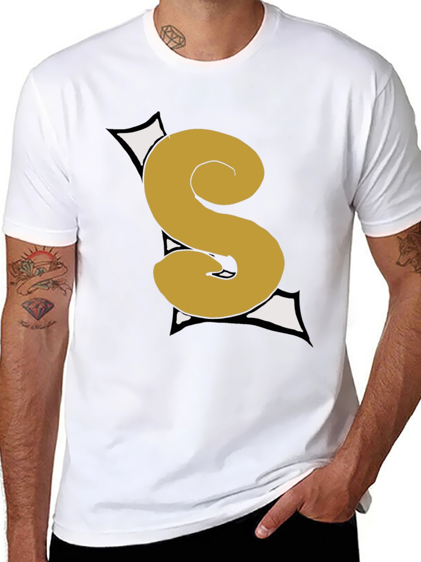 Graphic Black T-Shirt with Gold S Letter
